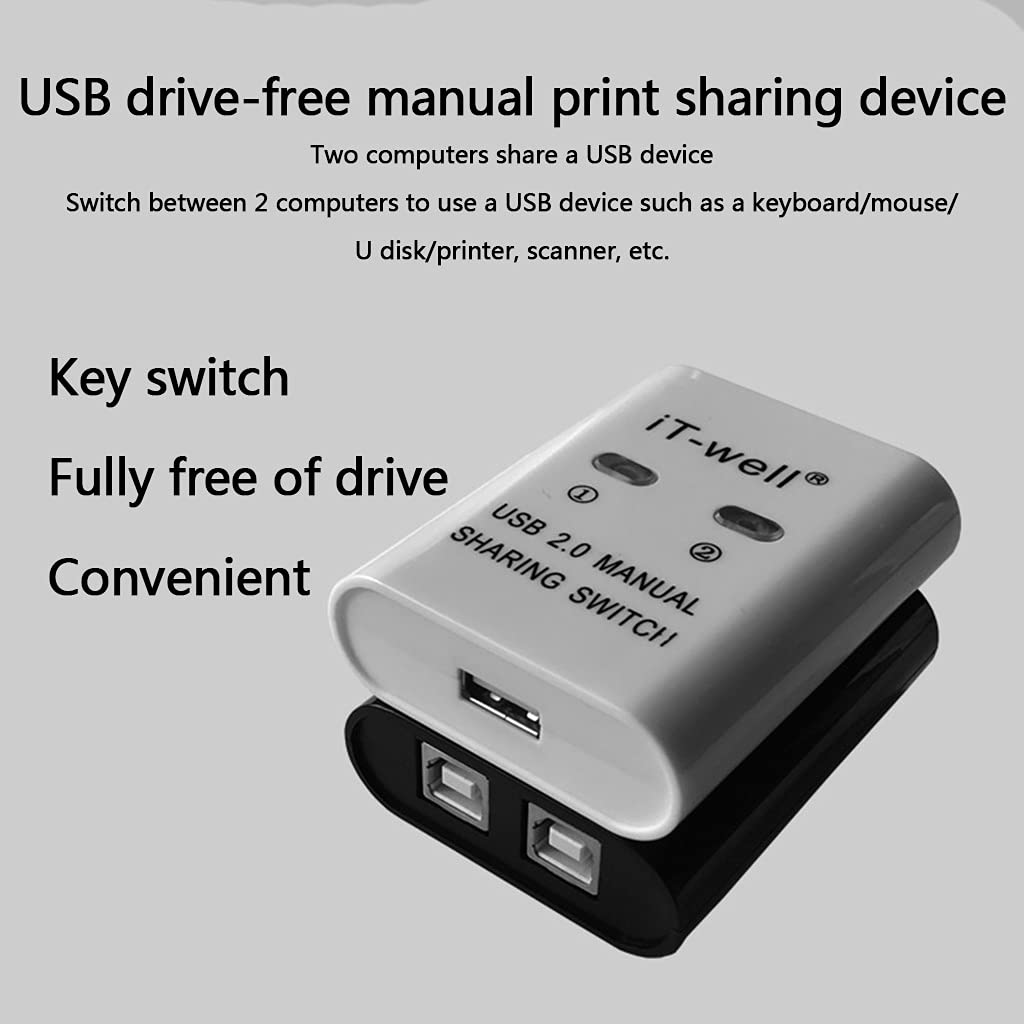 Heylulu USB Switch Selector 2-Port KVM Adapter - Share 1 USB Device Between 2 Computers for Printer, Keyboard & Mouse - USB Printer Sharing Converter (Black) - Perfect for Home Office & Multi-PC Workstations