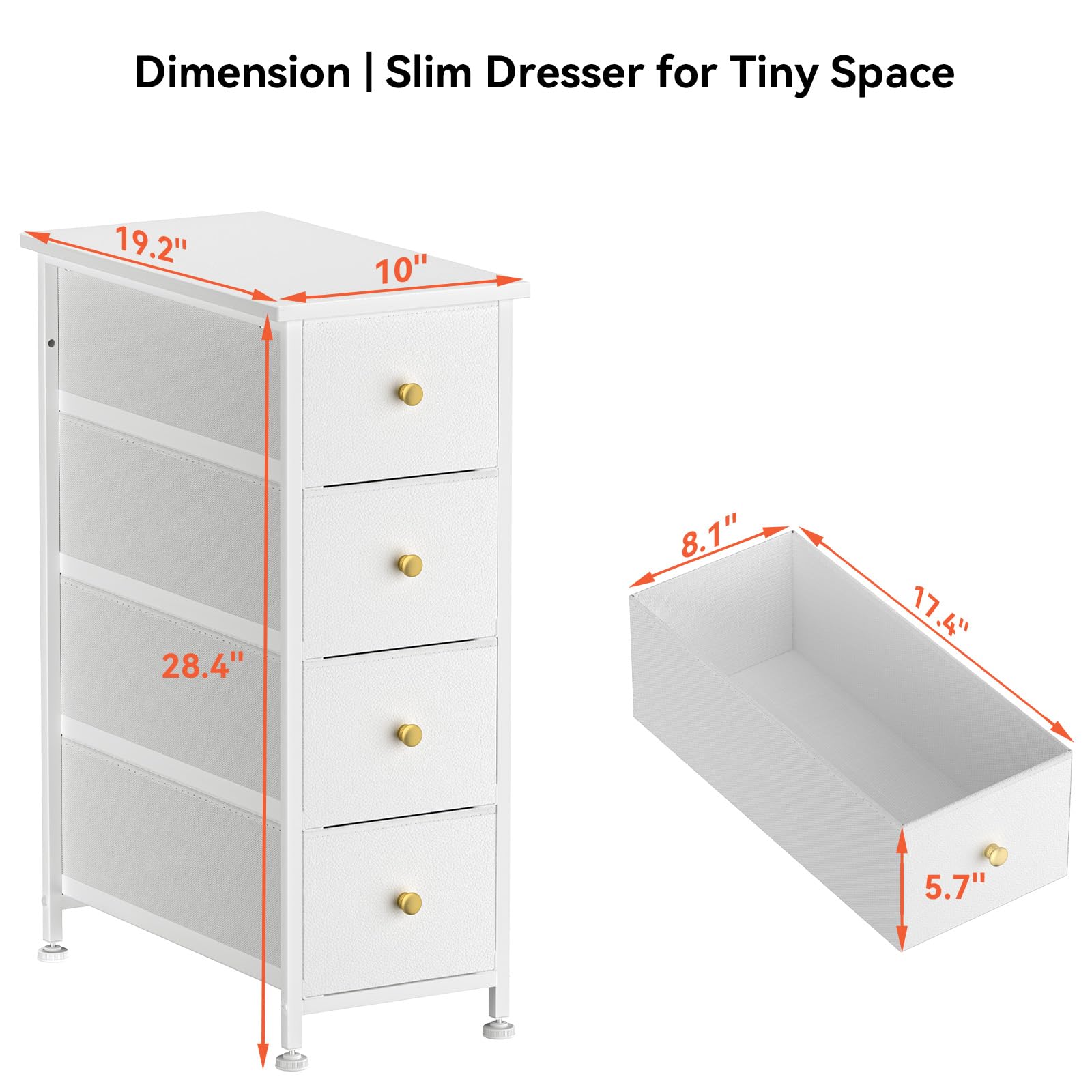 Slim 4-Drawer Narrow Dresser Storage Tower with Steel Frame & Wood Top - White Chest of Drawers with Golden Knobs for Bedroom, Bathroom, Laundry Room, Closet & Small Spaces | Space-Saving Organizer for Apartments, Dorms & Tiny Homes