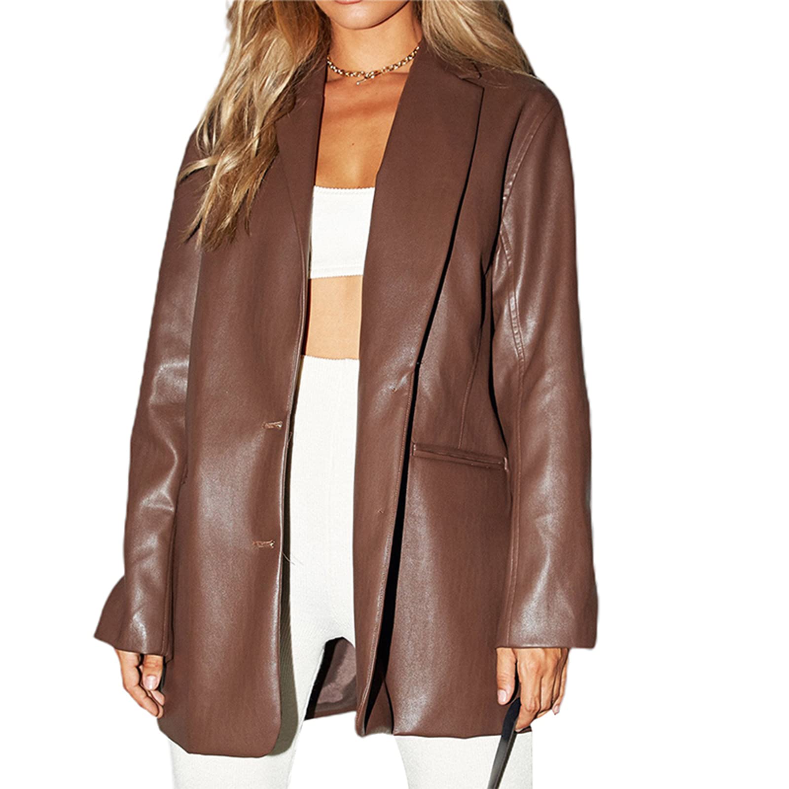 Women's Faux Leather Blazer Jacket - Vintage Oversized PU Leather Lapel Coat with Button Down Design | Streetwear Fashion for Office, Party & Casual Outfits