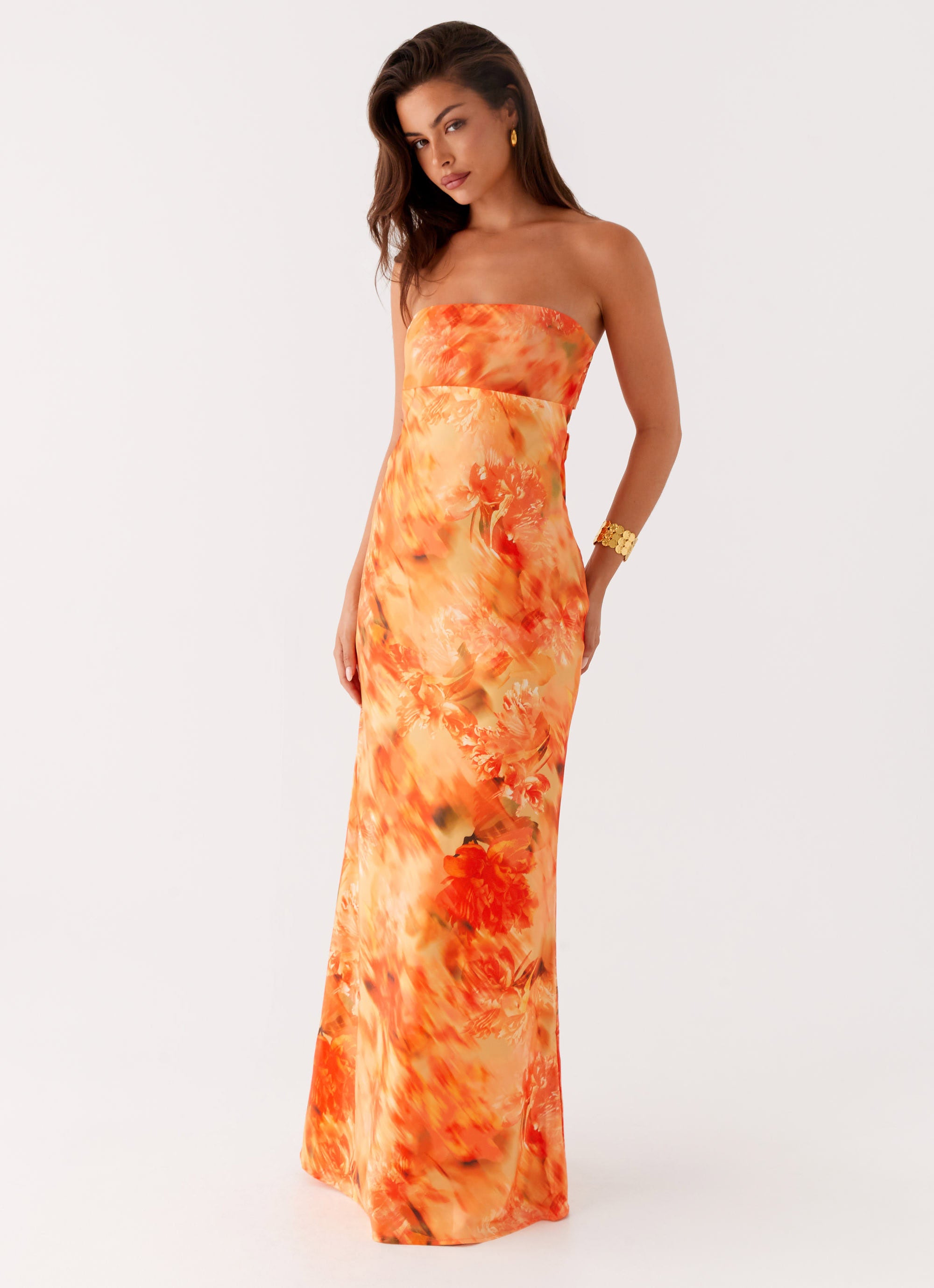 Carmen Maxi Dress - Sunset Floral Print Long Summer Dress for Women, Beach Wedding Guest Dress, Boho Chic Vacation Outfit