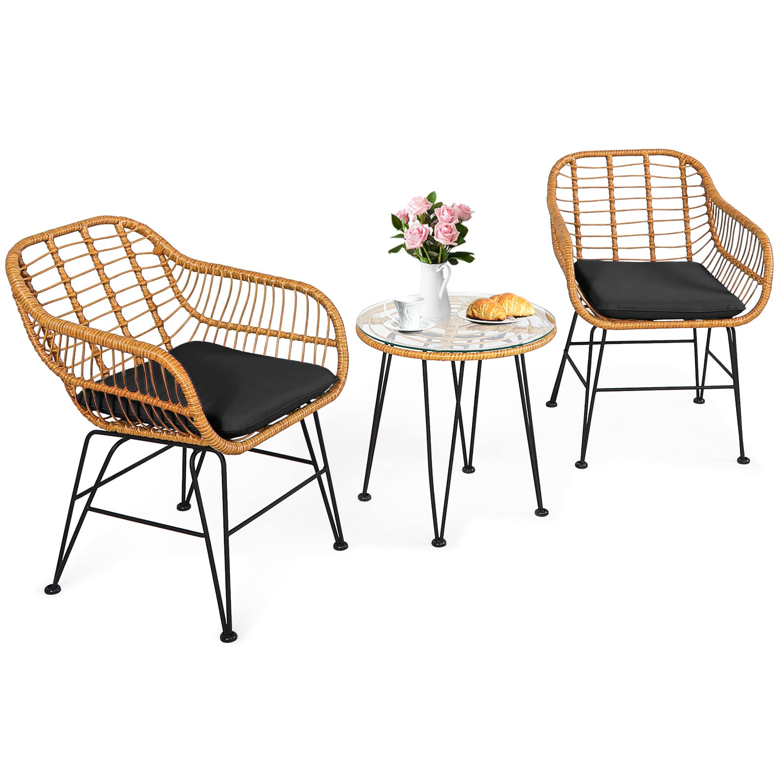 **HAPPYGRILL 3-Piece Rattan Bistro Set with Steel Frame, Round Coffee Table & Soft Cushions - Outdoor Patio Furniture for Garden, Balcony, or Poolside Relaxation**