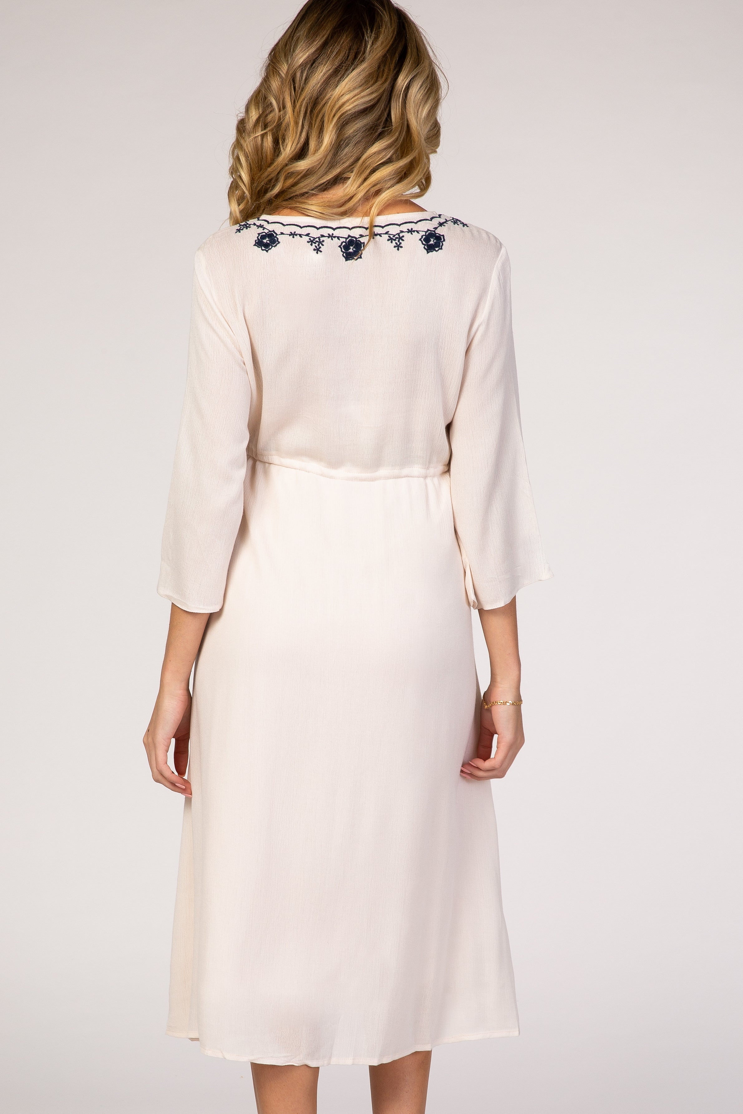 Beige Floral Embroidered 3/4 Sleeve Maternity Midi Dress for Pregnancy - Comfortable Stretchy Nursing Dress for Baby Shower, Maternity Photo Shoot & Special Occasions