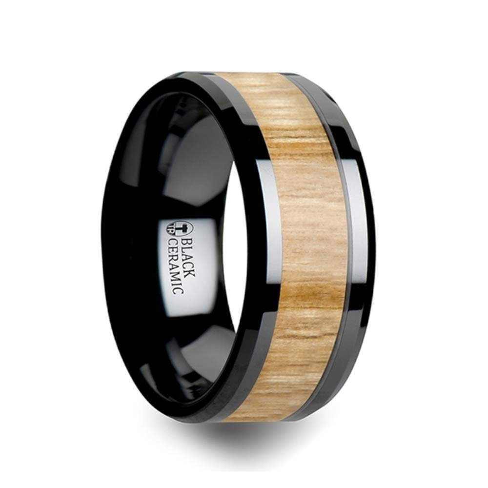 Black Ceramic Ring for Men with Polished Bevels & Ash Wood Inlay - 10mm Comfort Fit Wedding Band, Anniversary Gift for Him - Perfect for Everyday Wear, Date Nights & Special Occasions