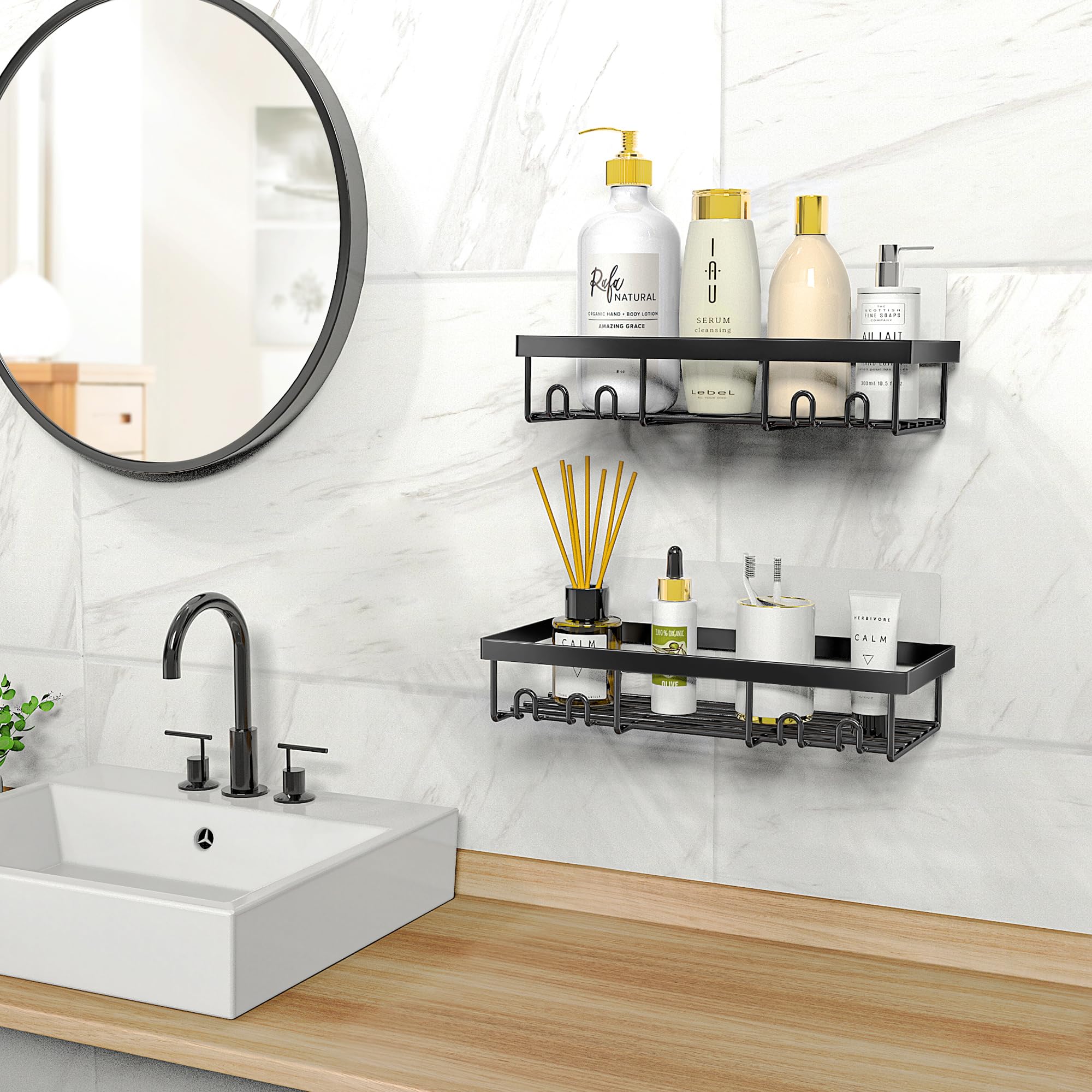 Moforoco Self Adhesive Shower Caddy Shelf Organizer - Rustic Black Bathroom Wall Storage Rack for RV, Camper & Apartment - Farmhouse Decor, Space Saving Solution for Shampoo, Soap & Bath Essentials
