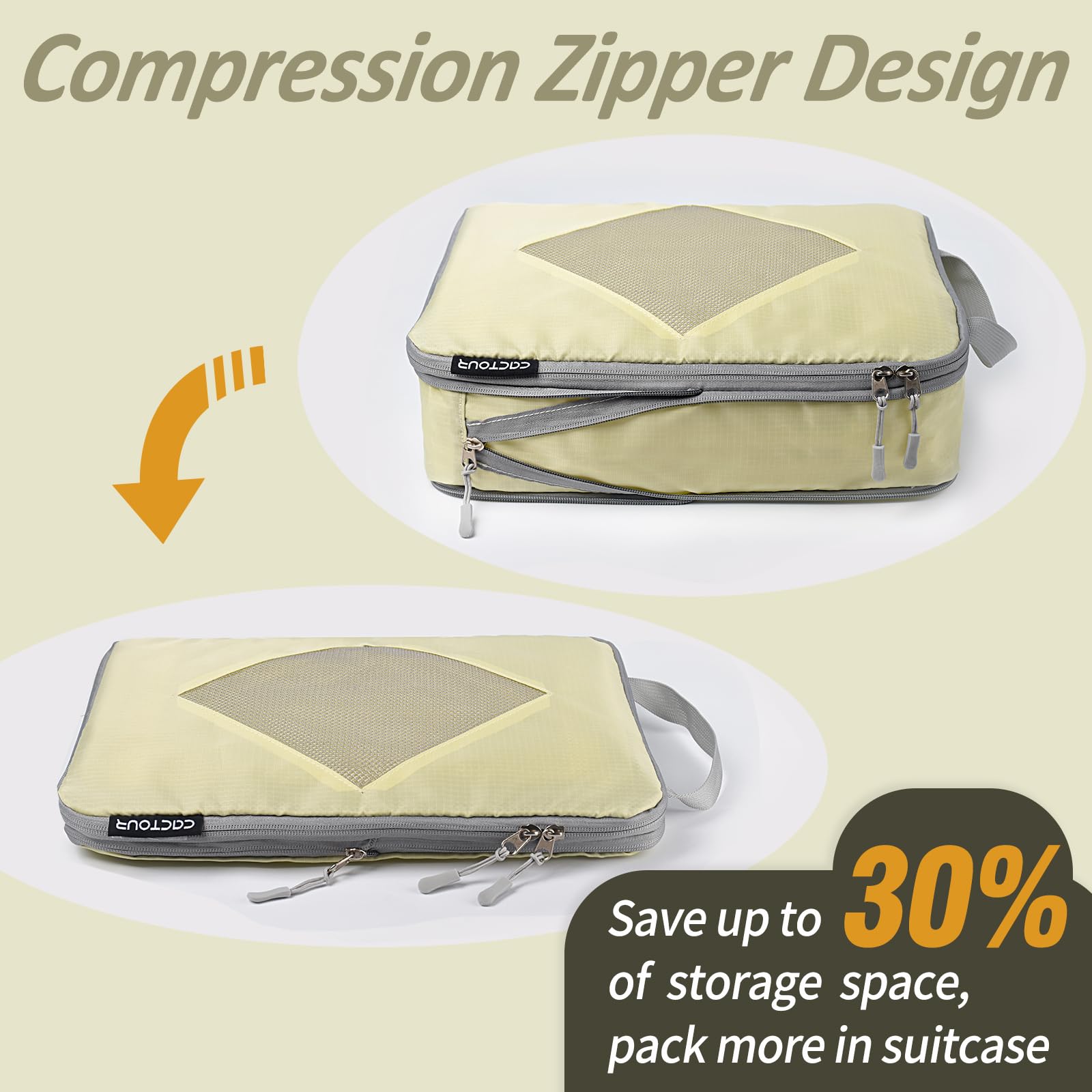 5-Piece Lightweight Compression Packing Cubes Set for Travel - Expandable Luggage Organizers with Compression Zippers, Suitcase Storage Bags (Beige/Yellow) | Perfect for Business Trips, Family Vacations & Weekend Getaways