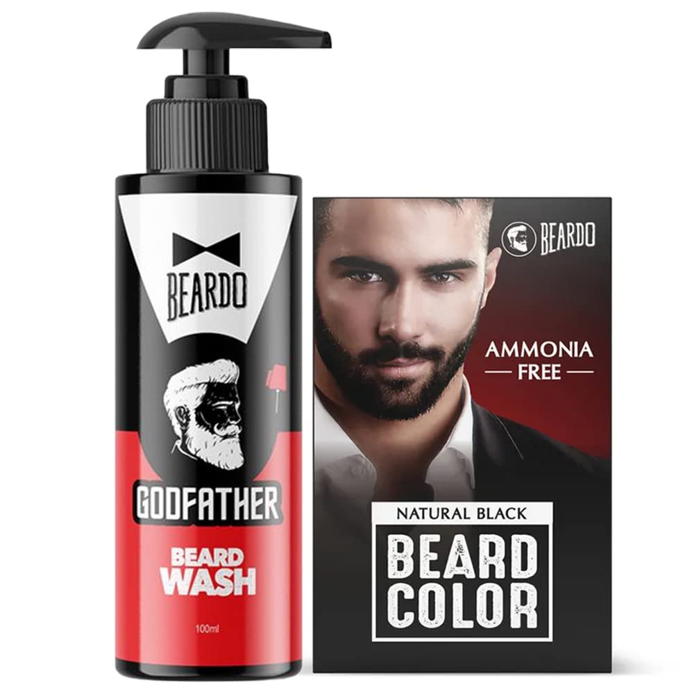 Beardo Natural Black Beard Color for Men 60ml + Godfather Beard Wash 100ml (2-Pack) | Purifying & Hydrating Beard & Skin Cleaner with Avocado & Argan Oil | Easy Application, Stain-Free Hair Dye | Skin-Friendly Formula | Perfect for Daily Grooming & Professional Styling