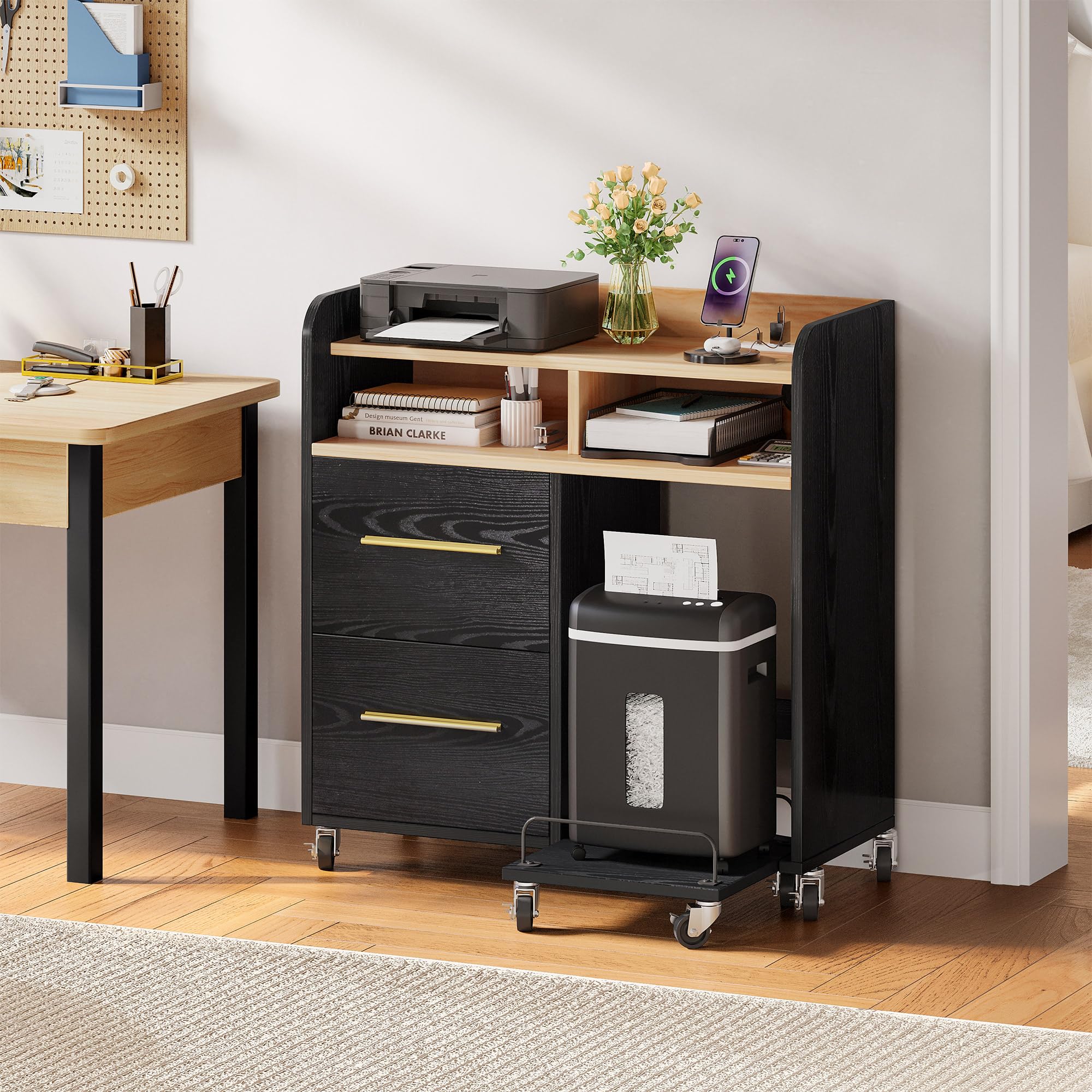 YITAHOME File Cabinet with USB Charging Station, Home Office Printer Stand Cart - Organize A4, Letter & Legal Size Files - Black Office Furniture for Workspace & Small Business Storage