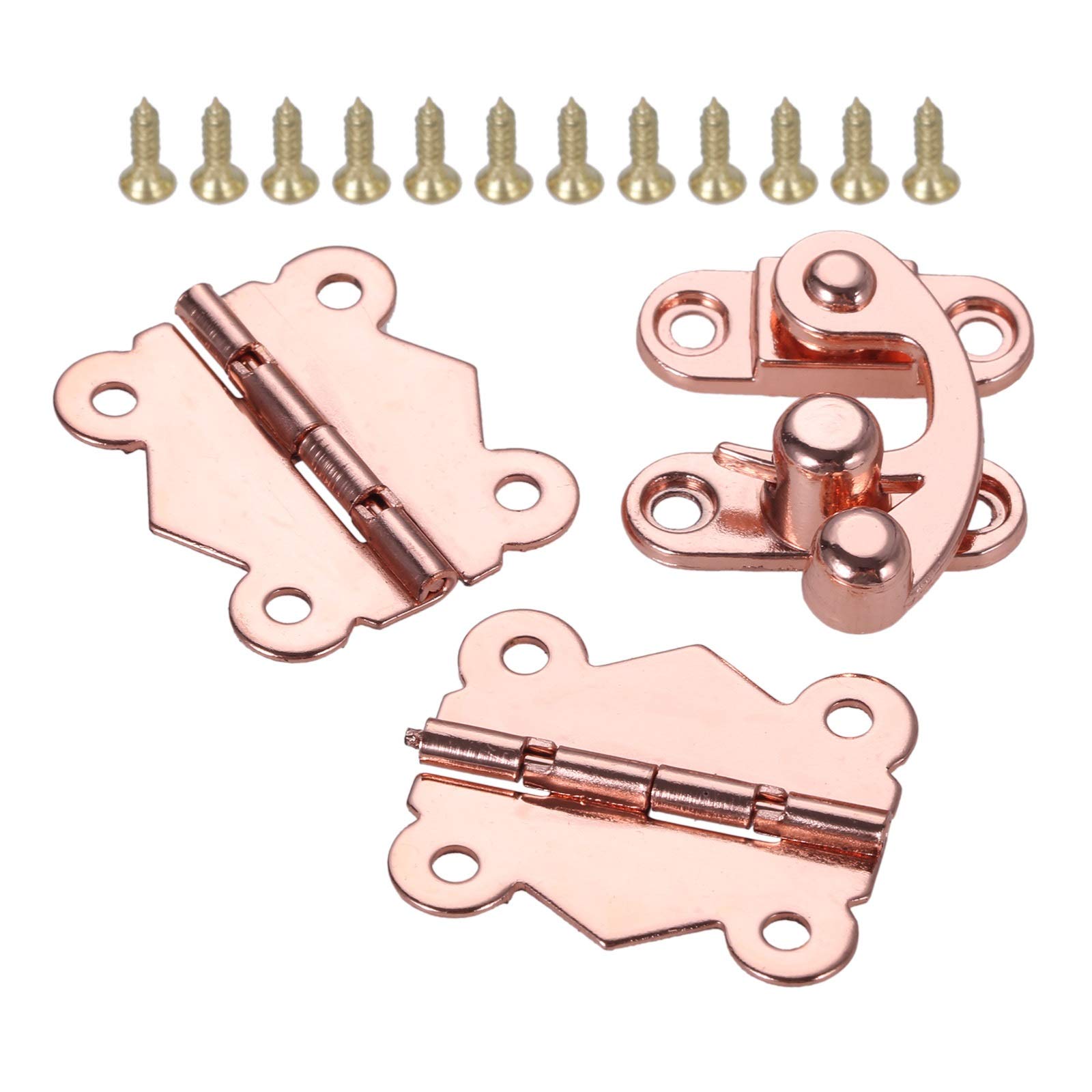 3-Piece Rose Gold Cabinet Hinges Set - Decorative Drawer Hinges with Wooden Box Buckle Hasp Latch Lock for Furniture Hardware - Perfect for Home Decor, Wardrobe, Kitchen Cabinets & DIY Projects