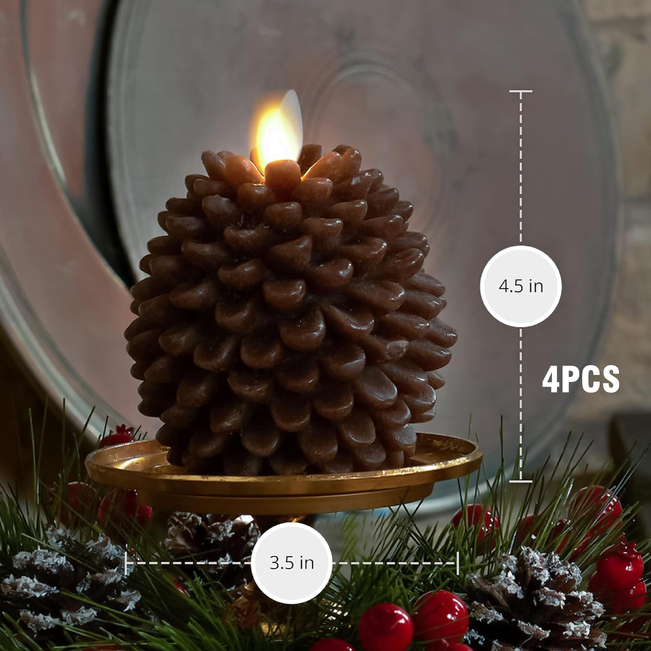 Eowppue Set of 4 Flameless LED Candles with Remote & Timer - Battery Operated Pine Cone Shaped Decorative Lights for Home, Party, Halloween, Christmas Decorations - Perfect for Living Room, Bedroom, Wedding & Holiday Displays