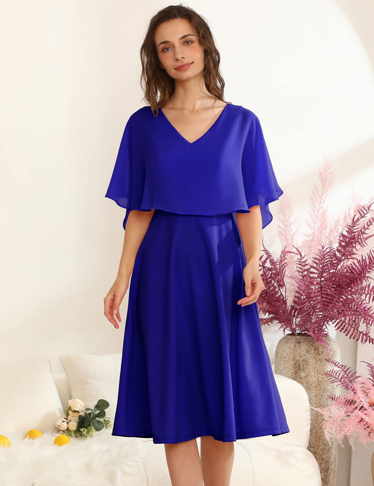 Elegant Women's Sleeveless Chiffon Cape Cocktail Dress for Wedding Guest, Formal Party & Special Occasions - Flowy A-Line Evening Gown with Sheer Overlay