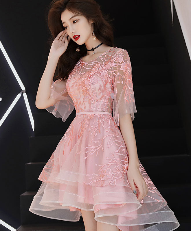 Elegant Pink Round Neck Tulle Lace Short Prom Dress | Homecoming Party Dress for Teens | Perfect for Prom Night, Homecoming Dance & Special Occasions