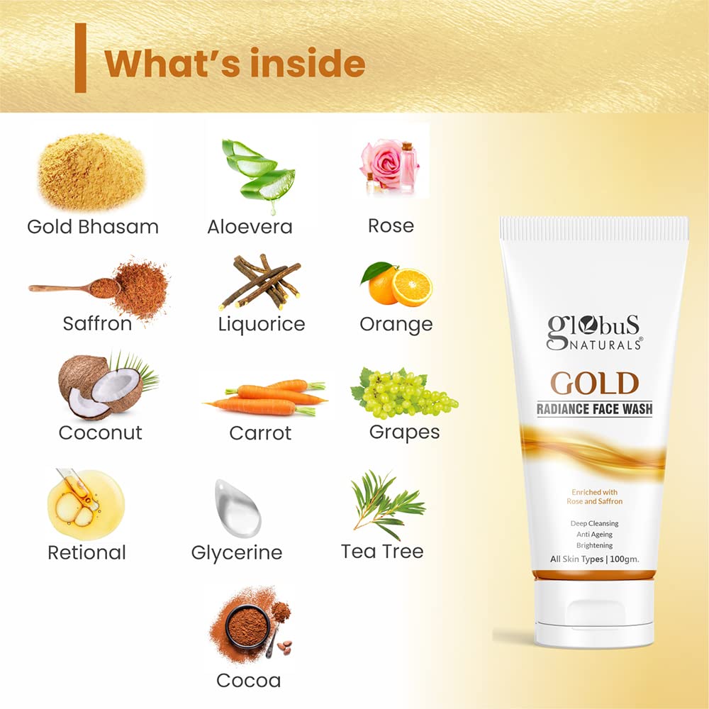Globus Naturals Gold Radiance Anti-Aging & Brightening Face Wash with Saffron & Rose - 100ml for All Skin Types | Gentle Daily Cleanser for Youthful Glow & Even Skin Tone