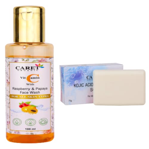 Organic Kojic Acid & Vitamin C Soap (75G) + Vitamin C Papaya Face Wash (100ML) - Brightening Skincare Set for Dark Spots & Acne - Paraben & Sulfate Free - Daily Face Cleanser for Glowing Skin