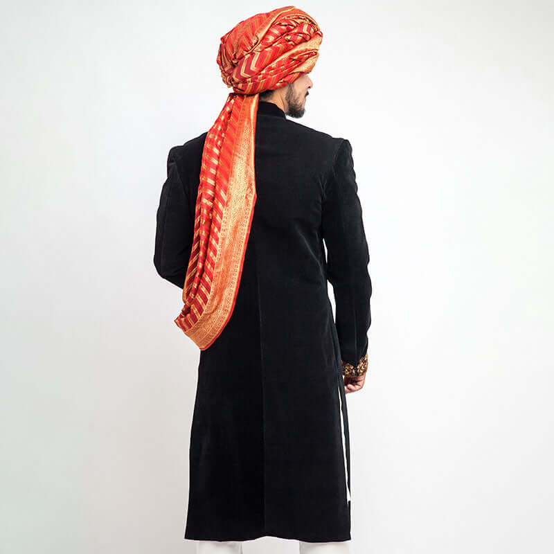 Jet Black Cocktail Velvet Sherwani for Men - Maharaja Style Slim Fit Indian Wedding Suit | Perfect for Grooms, Gala Events & Royal Celebrations