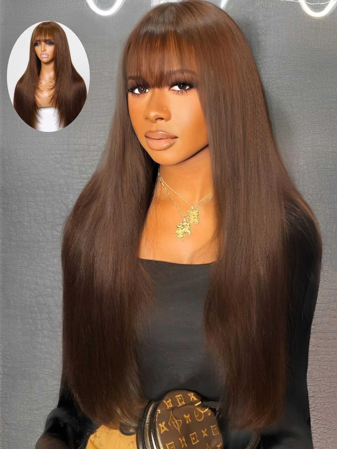 Beauty Forever Chocolate Brown Yaki Straight Human Hair Wig with Bangs - 18 Inch Glueless HD Lace Front Wig #4 Dark Brown (150% Density) | Affordable Layered Cut for Beginners | Perfect for Daily Wear, Cosplay & Protective Styling