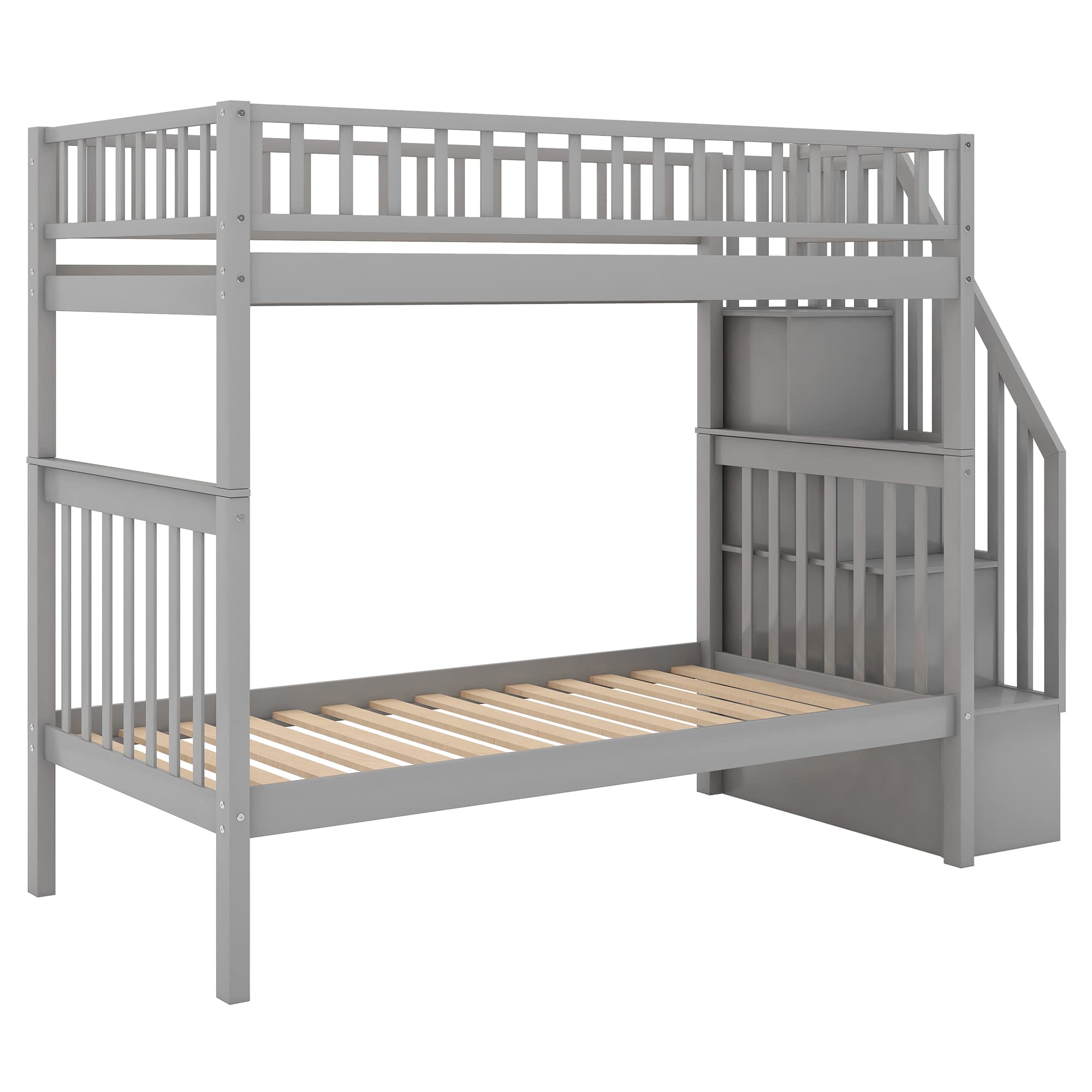 Harper & Bright Designs Twin Over Twin Solid Wood Bunk Bed with Trundle & Stairs - Space-Saving Kids, Teens & Adult Bedroom Furniture (Grey) - Perfect for Small Rooms, Guest Rooms & Shared Kids' Bedrooms