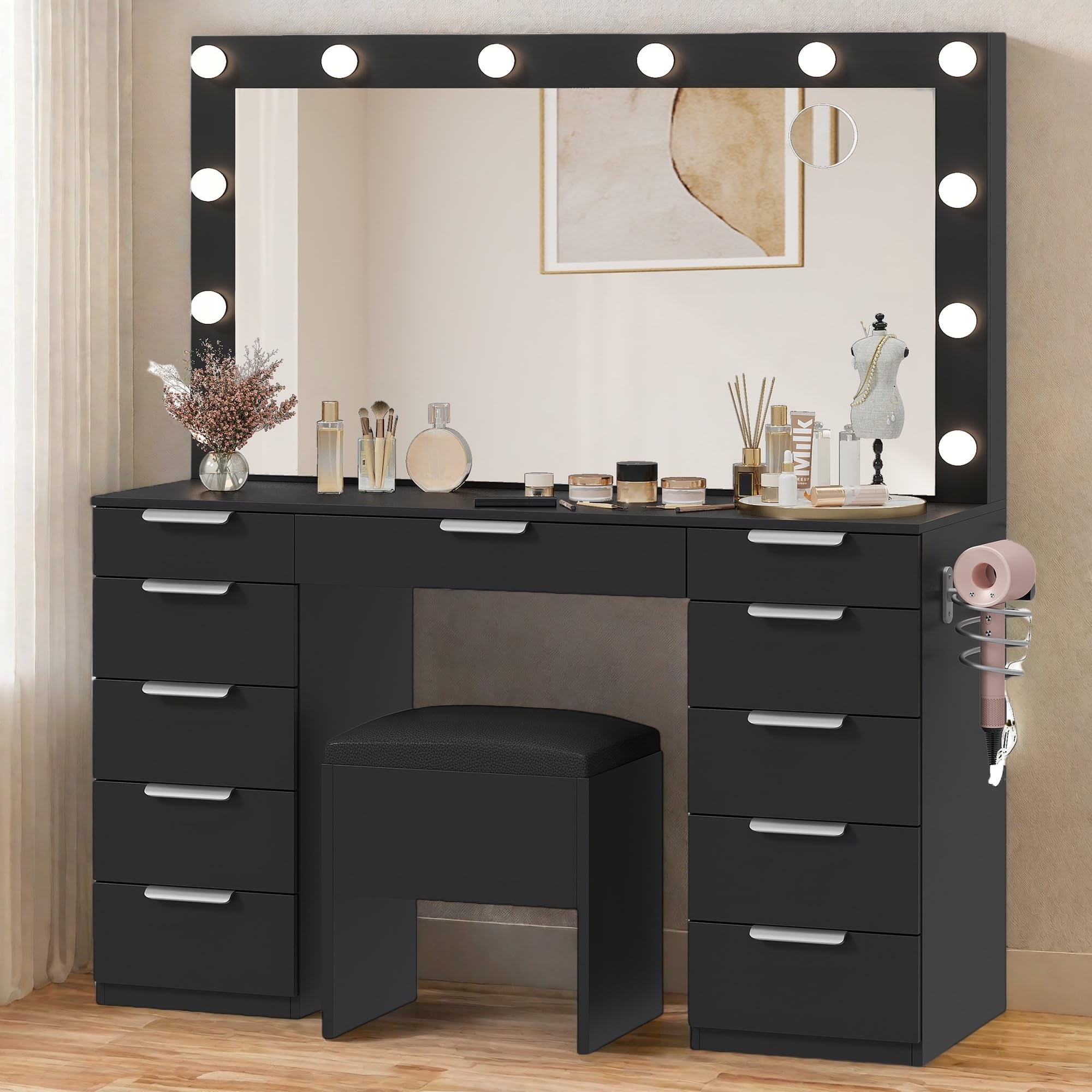 YITAHOME Makeup Vanity Desk Set with Large Mirror & 3-Mode LED Bulbs, USB Charging Station, 11 Storage Drawers and Stool - Perfect for Bedroom, Dressing Room & Beauty Salon