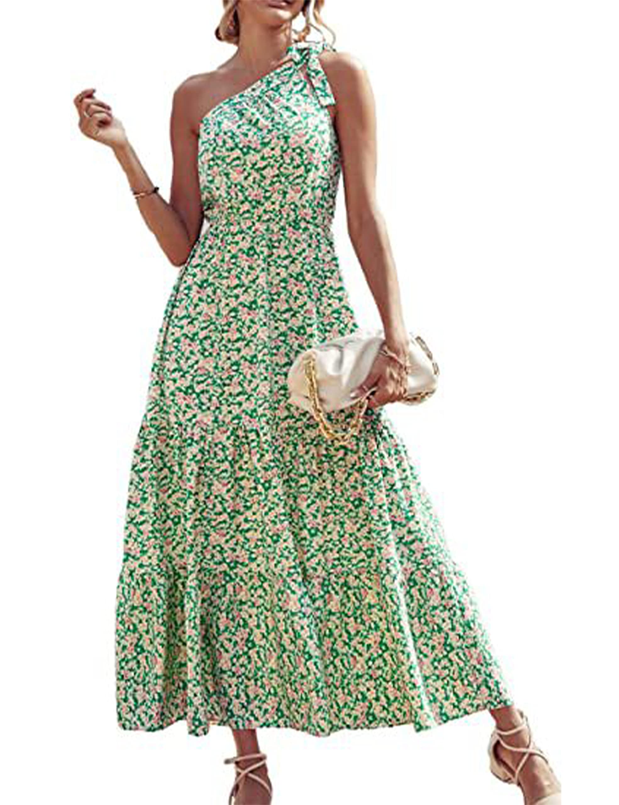 SCUSTY Women's One Shoulder Floral Ruffle Tiered Midi Dress - Elegant Summer Beach Wedding Party Cocktail Dress for Vacation & Date Night