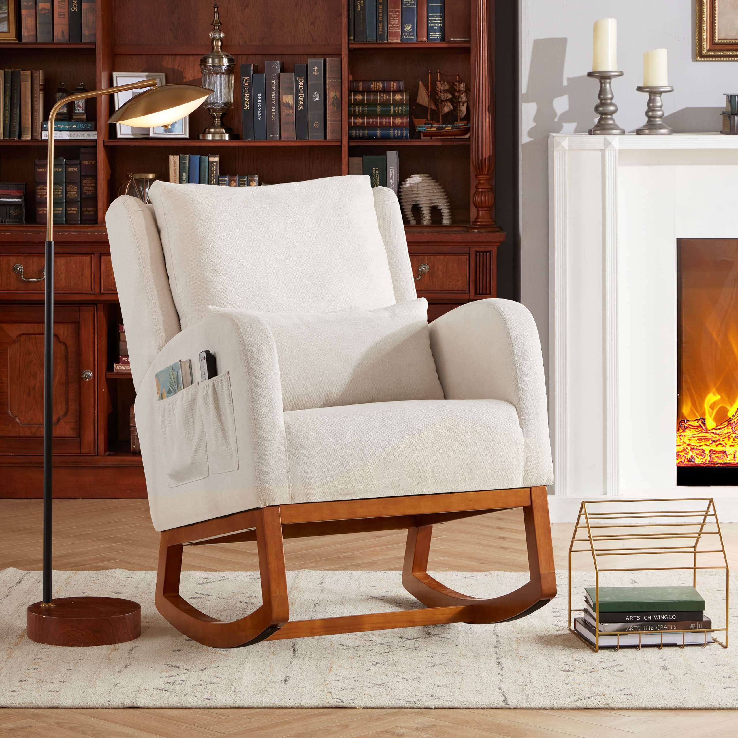 Modern Nursery Glider Rocking Chair with Side Pockets & Lumbar Support - High Back Accent Rocker for Living Room, Bedroom, Nursery - Beige | Perfect for Breastfeeding, Reading Nook & Relaxation