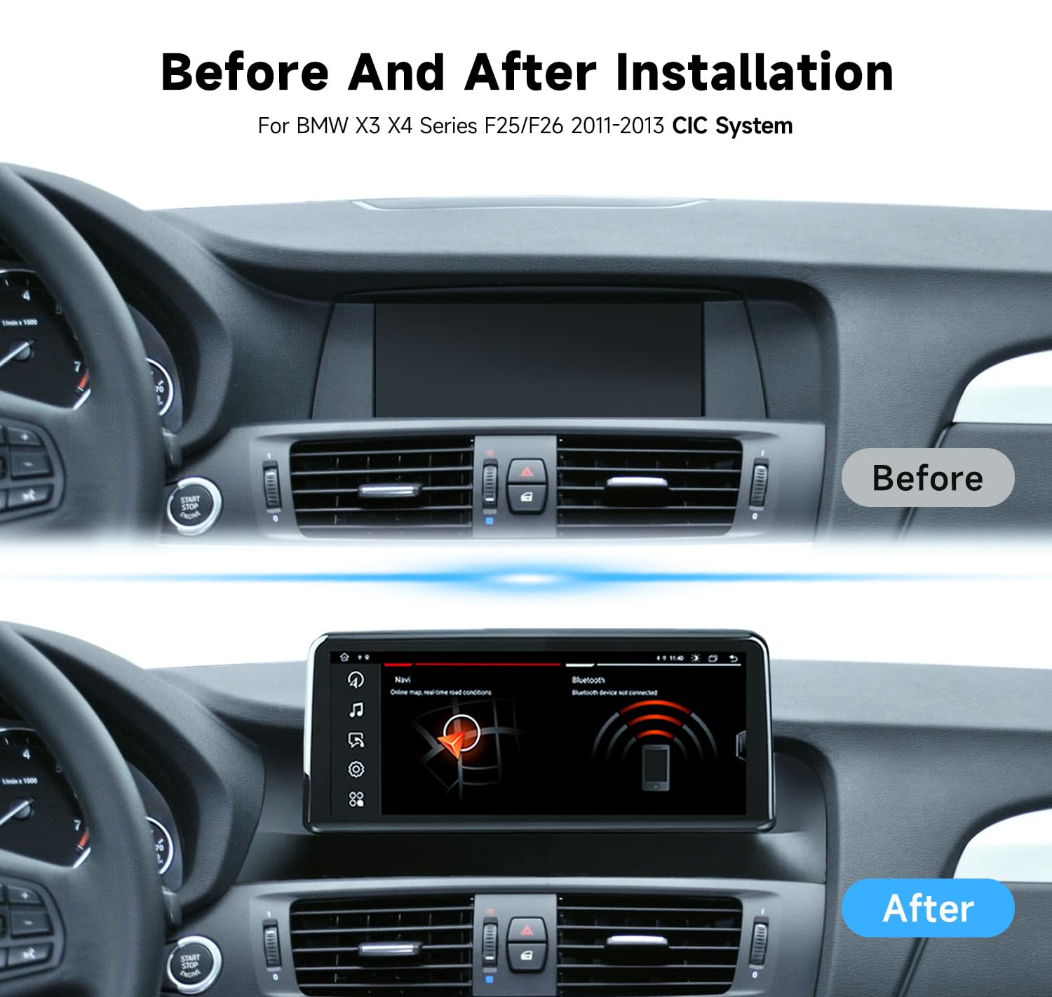 Android 13 Wireless CarPlay Stereo for BMW X3 F25 X4 F26 (2011-2013) | CIC System GPS Navigation Head Unit with DSP | Perfect for Commuting & Road Trips