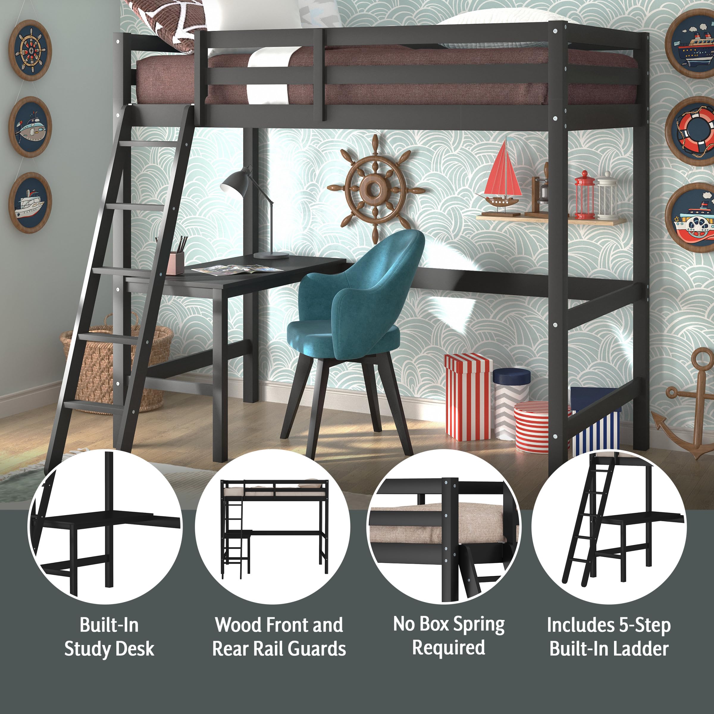 Hillsdale Caspian Youth Solid Wood Twin Loft Bed for Kids Room - Sturdy Black Wooden Bunk Bed with Ladder | Perfect for Small Spaces, Dorm Rooms & Kids Bedrooms