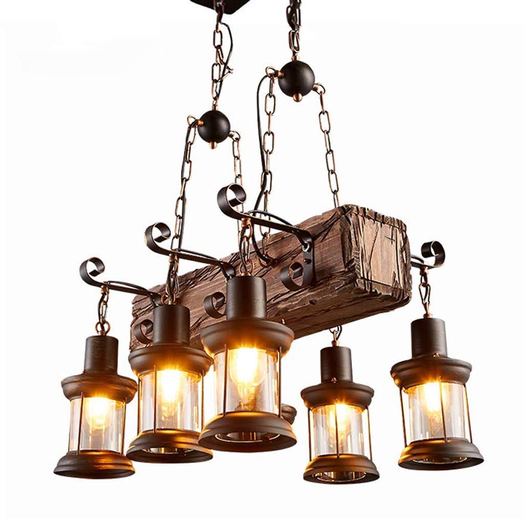 Vintage Industrial Wood & Metal Chandelier - Adjustable Height 6-Light E27 Pendant Lamp for Living Room, Dining Room & Bedroom | Retro Style Ceiling Lighting Fixture