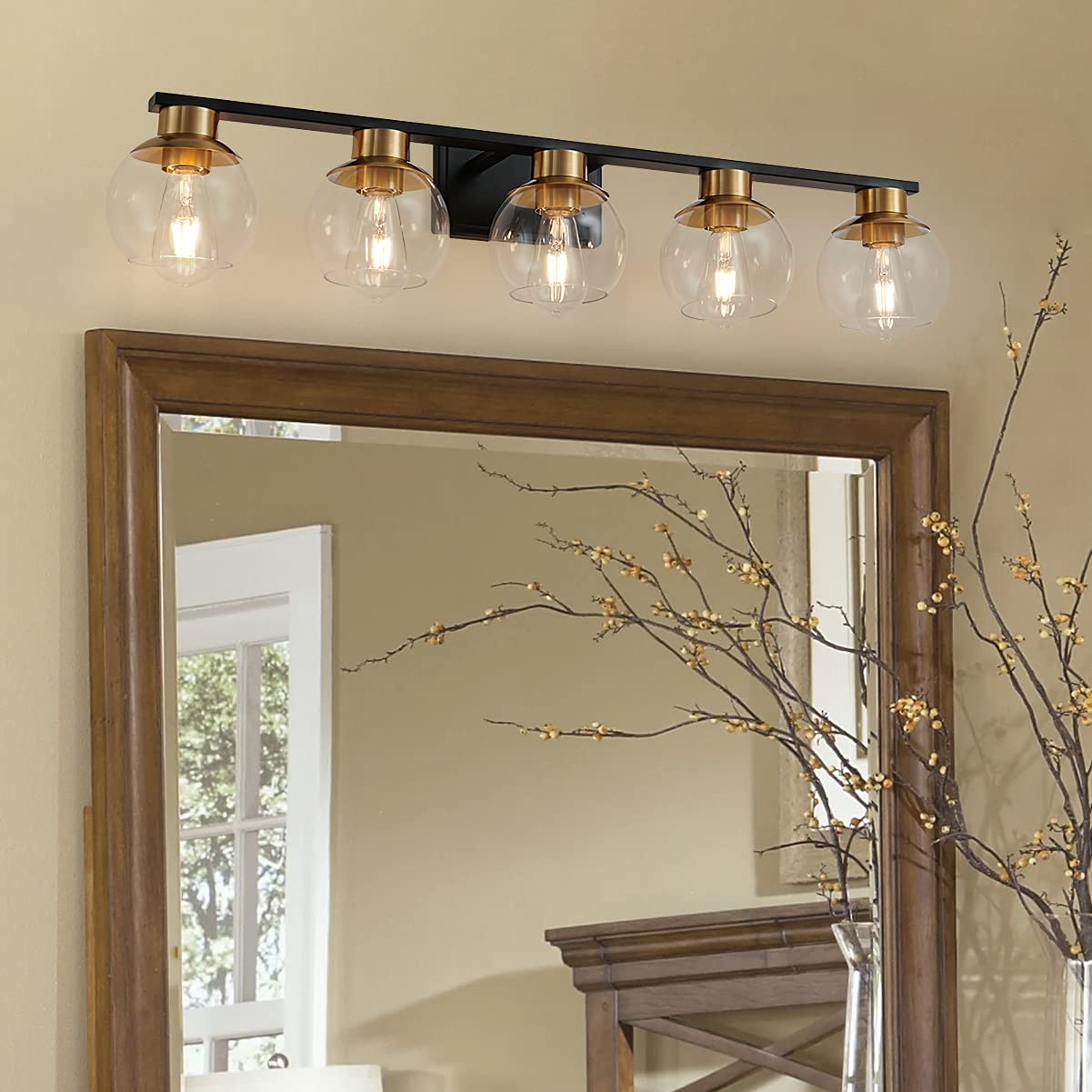 PAZALA Black Gold 5-Light Bathroom Vanity Light Fixture - Modern Wall Sconce with Globe Glass Shade, E26 Base - Perfect for Bathroom Mirror, Bedroom Dresser, Hallway & Living Room Wall Lighting - Elegant Home Decor for Modern Interiors