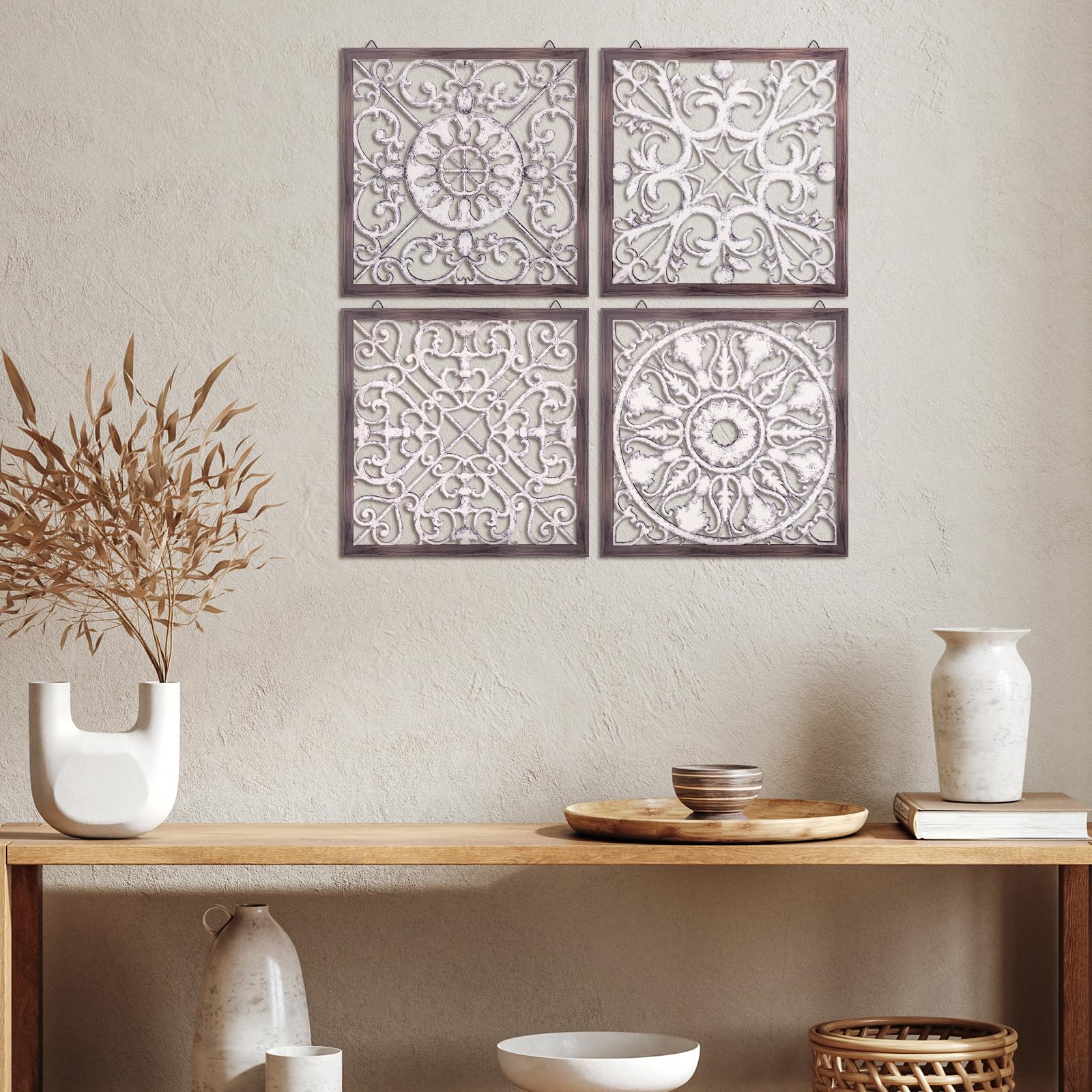 Tatuo 4-Piece Wood Wall Art Decor Set - Farmhouse Style Square Wooden Panels for Modern Home - Brown & White Wall Hangings for Living Room, Kitchen, Dining Room Decor | Perfect for Rustic, Boho & Farmhouse Interior Design