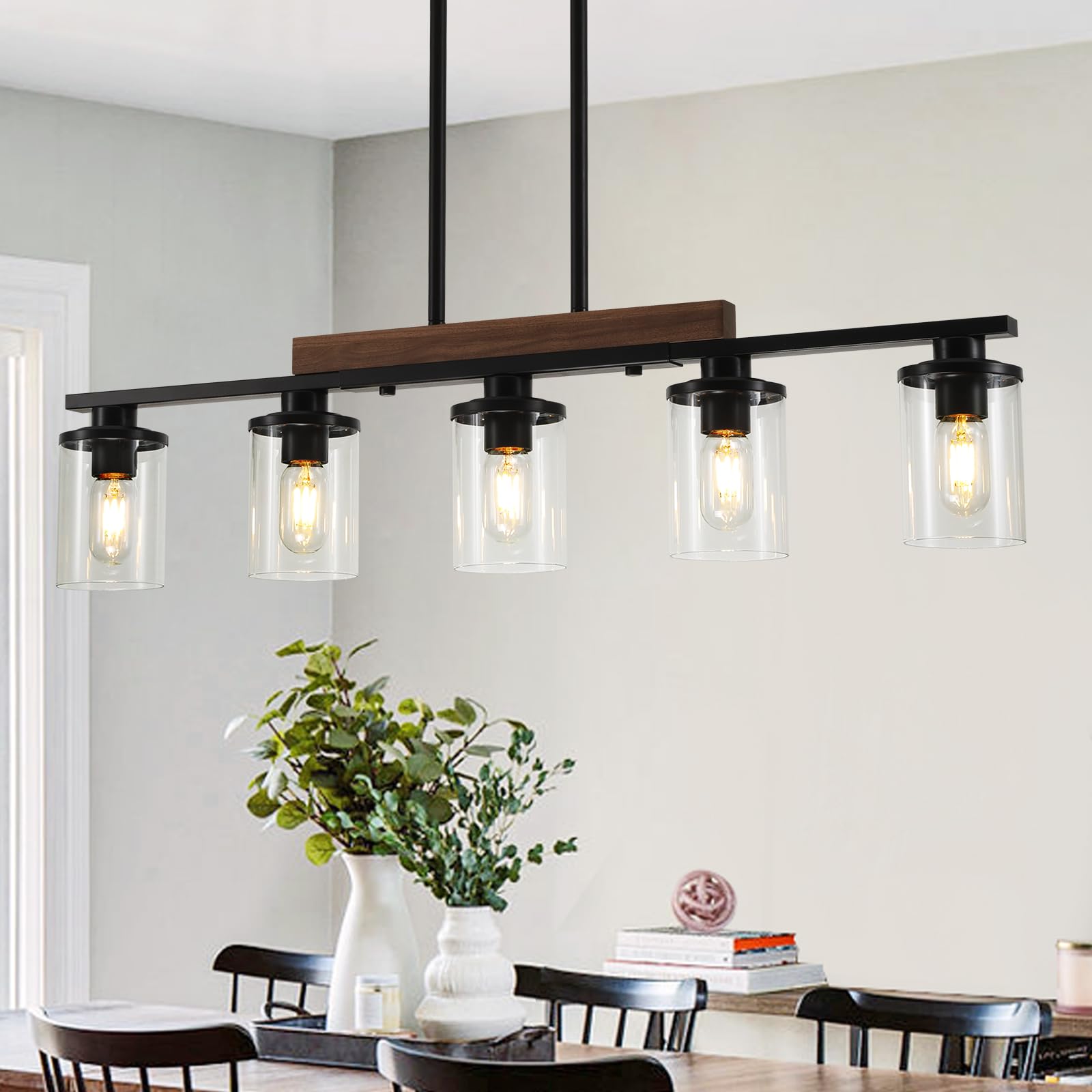 Modern Black 5-Light Farmhouse Chandelier - Rustic Wood Ceiling Pendant Light with Clear Glass Shade for Kitchen Island, Dining Room & Table Lighting | Perfect for Farmhouse, Industrial & Vintage Home Decor