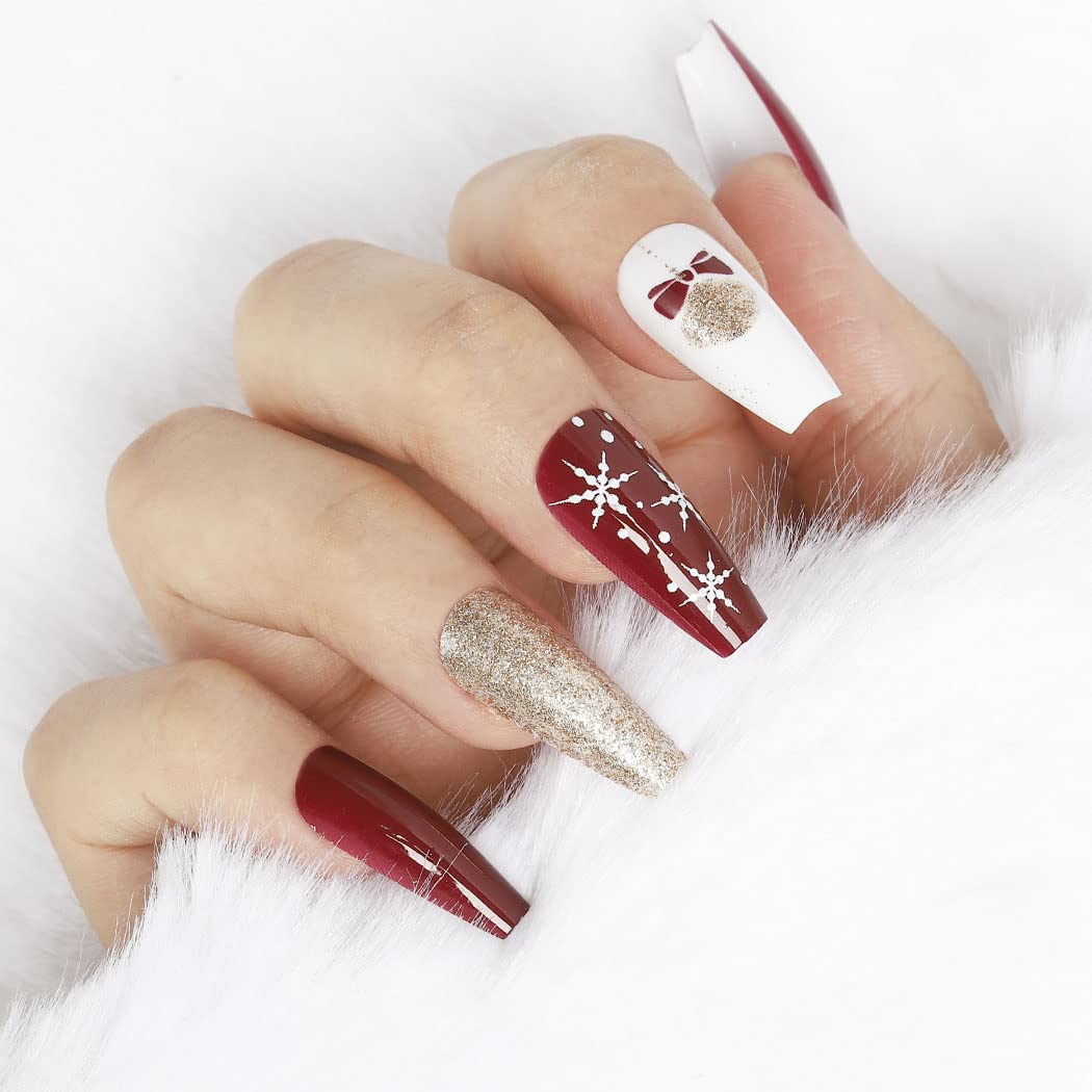 Uranian Christmas Press on Nails - 24pcs Long Coffin Fake Nails with Snowflake Stripes, Santa Claus & Elk Glitter Designs, Glossy Red French Tip Acrylic Nails for Women & Girls | Holiday Parties, Gift Giving, Festive Nail Art