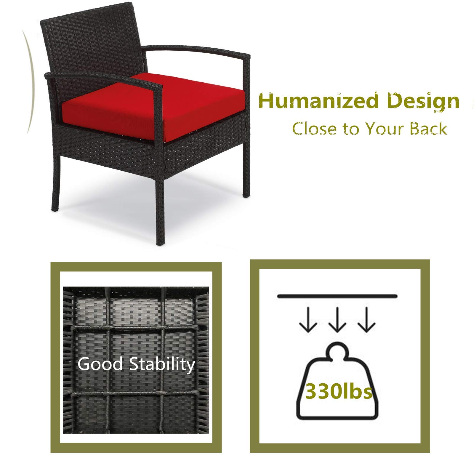 **3-Piece Outdoor Patio Set - Wicker Bistro Chairs with Table & Cushions for Balcony, Backyard, Porch - Perfect for Relaxing & Entertaining (Red)**