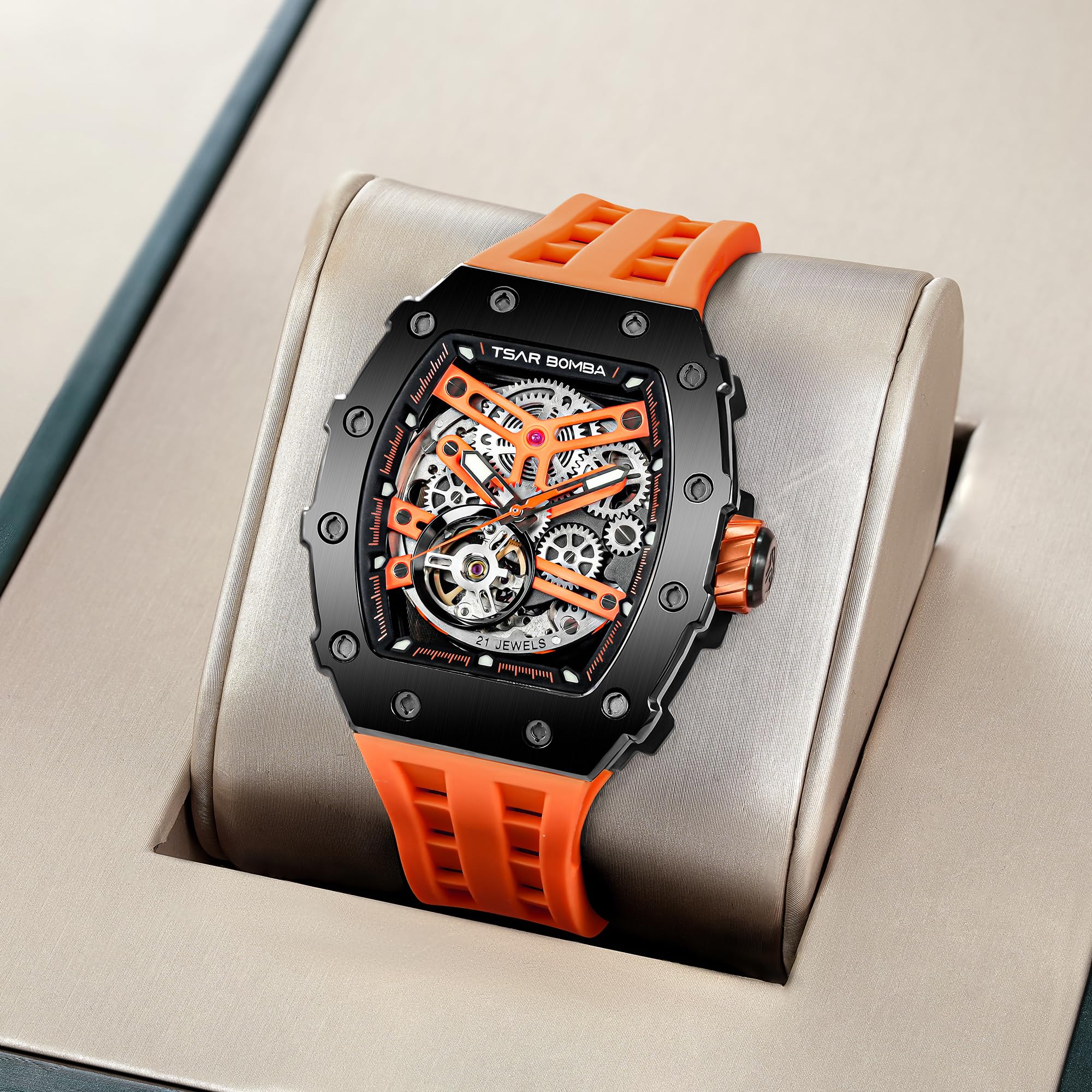 Premium Automatic Men's Watch - Square Skeleton Tonneau Design with Japanese Movement, 50M Waterproof, Sapphire Crystal Glass - Silicone/FKM Rubber Strap - Luxury Gift for Him (Perfect for Business, Formal Events & Everyday Wear)