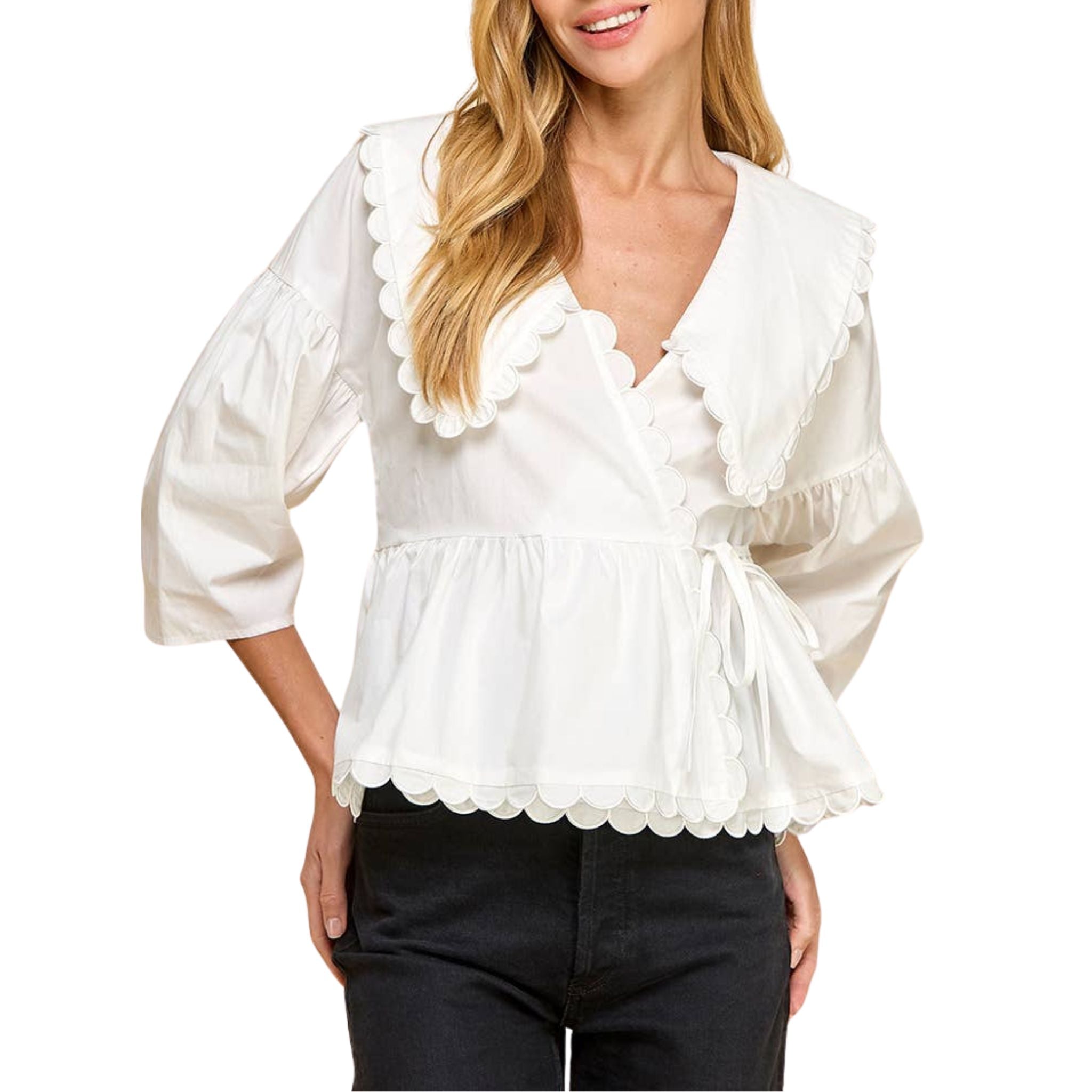 Elegant Peter Pan Collar Wrap Front Blouse - Vintage Inspired Women's Tops for Office, Date Night & Casual Outfits