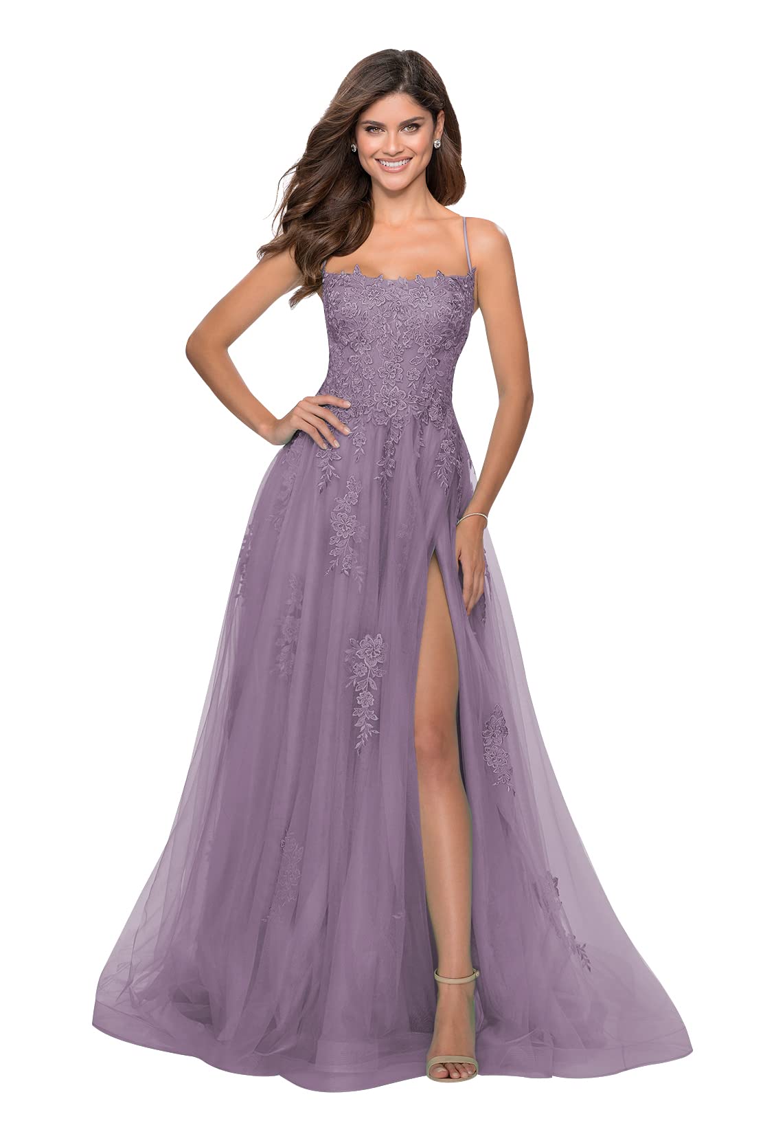 Mollyevers Women's Elegant Spaghetti Strap Prom Dress - Long Tulle Lace Applique Formal Evening Gown with Thigh High Slit | Perfect for Homecoming, Ball, Wedding Guest & Special Occasions