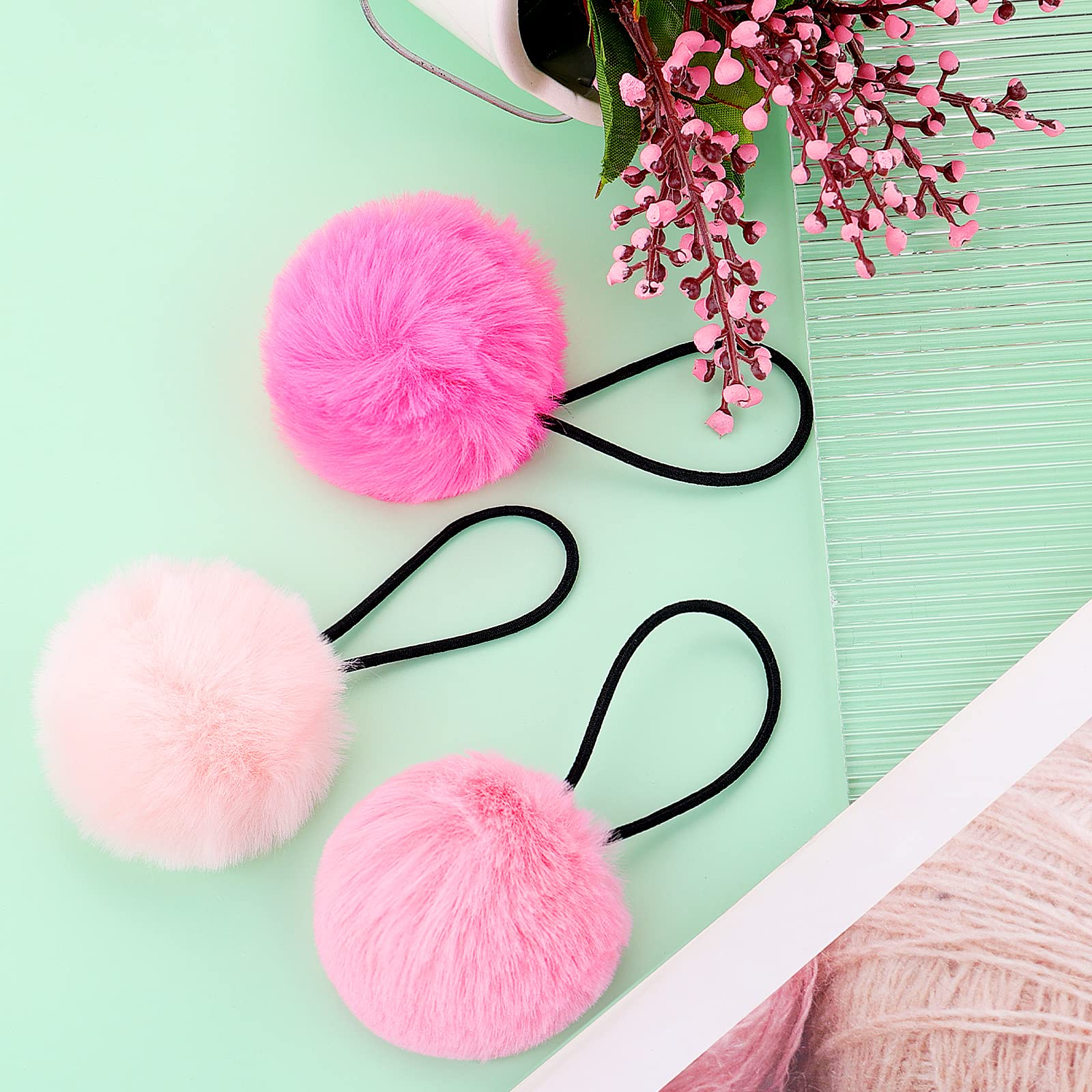 Lusofie 4 Pairs Fluffy Pom Pom Hair Ties - Soft Elastic Hair Accessories for Women & Girls, Stretchy Nylon Hair Bands for Ponytails & Buns - Perfect for Christmas, Halloween & Everyday Use