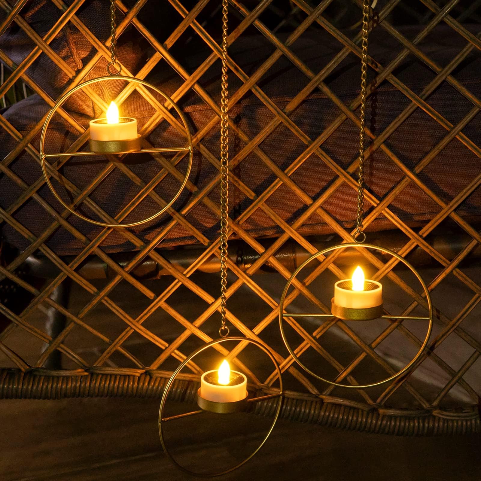 Solar Powered Outdoor Hanging Lanterns - Waterproof Golden Metal Candle Holders with LED Tea Lights - Perfect for Garden, Patio, Pergola, Gazebo & Backyard Decor (Set of 3) - Ideal for Romantic Evenings, Outdoor Parties & Cozy Ambiance