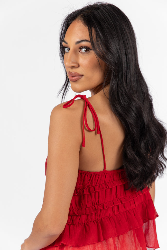 Promise To Another Red Rosette Tie Sleeve Tank Top - Women's Fashion Blouse for Parties & Date Nights - FINAL SALE