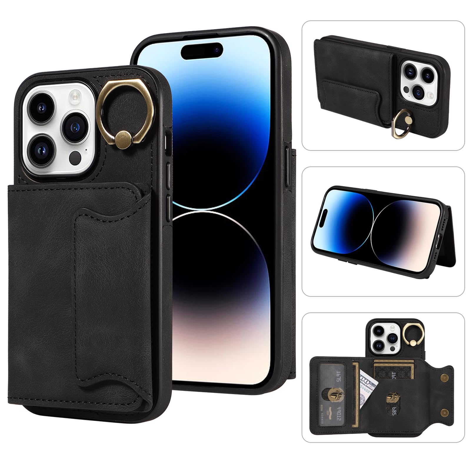 Premium PU Leather Wallet Case for iPhone 14 Pro - Magnetic Flip Cover with Card Holder & 360° Rotating Ring Stand | Shockproof Protective Phone Case for Men & Women | Perfect for Work, Travel & Daily Use (Black)