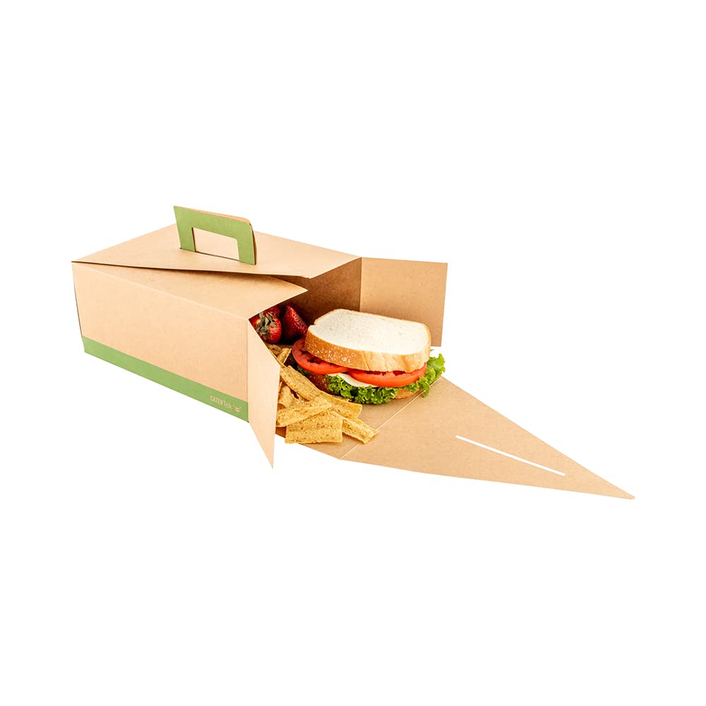 Restaurantware Cater Tek 9 x 7 x 3 Inch Eco-Friendly Takeout Food Containers - 100 Pack Grease-Resistant Kraft & Green Paper To-Go Boxes with Handle for Meals, Snacks, Baked Goods | Perfect for Restaurants, Catering, Food Trucks & Picnics