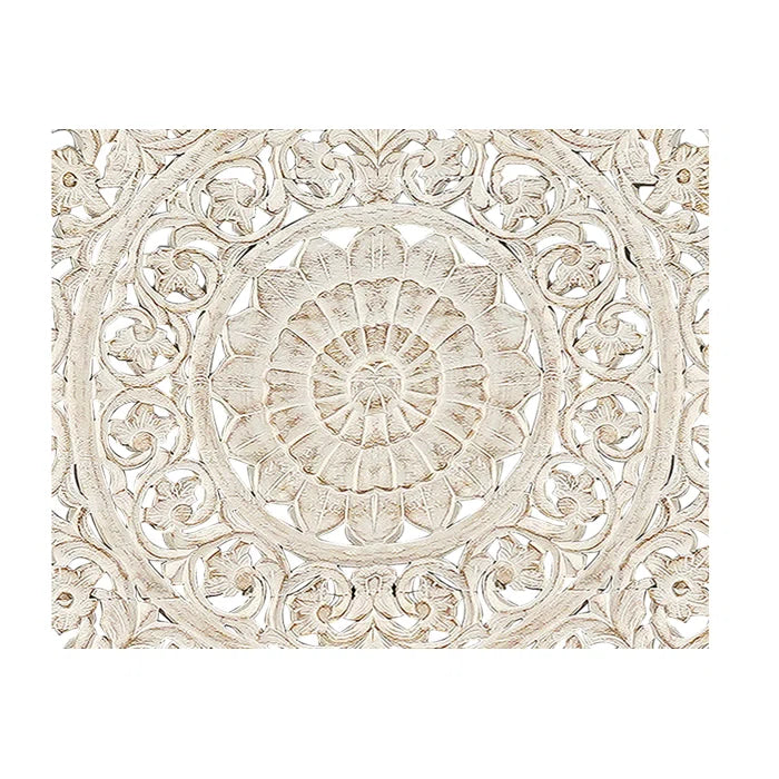 Dynasty Hand Carved Solid Wood Low Profile Standard Bed Frame - White Queen Size | Modern Minimalist Bedroom Furniture for Small Spaces & Loft Apartments