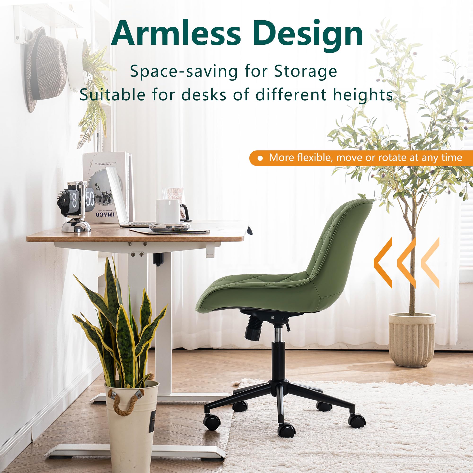 YOUNUOKE Armless Desk Chair - Comfortable Home Office Computer Chair with Wheels, Swivel Rolling Task Chair, Modern Upholstered Executive Vanity Chair in Olive - Perfect for Small Spaces, Gaming & Workstations