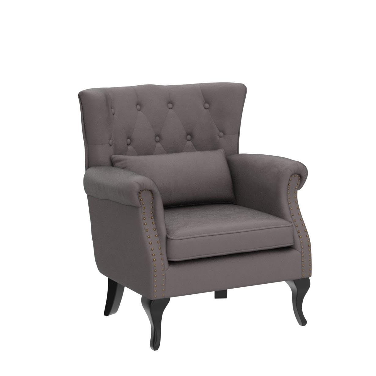 Midcentury Modern Accent Reading Arm Chair - Velvet Grey Wingback Club Chair with Button Tufted Back & Lumbar Pillow for Living Room, Bedroom, Office Waiting Area - Perfect for Reading Nooks, Lounge Spaces and Cozy Corners