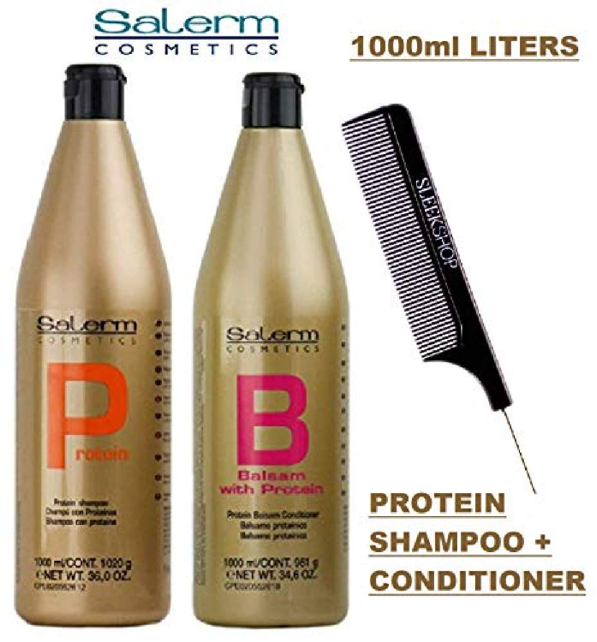 Salerm Cosmetics Keratin Silk Protein Shampoo & Conditioner Duo Set (36 oz + 34.6 oz) with Sleek Steel Pin Tail Comb - XXL Combo Kit for Damaged Hair Repair & Smoothing - Perfect for Salon-Quality Hair Care at Home