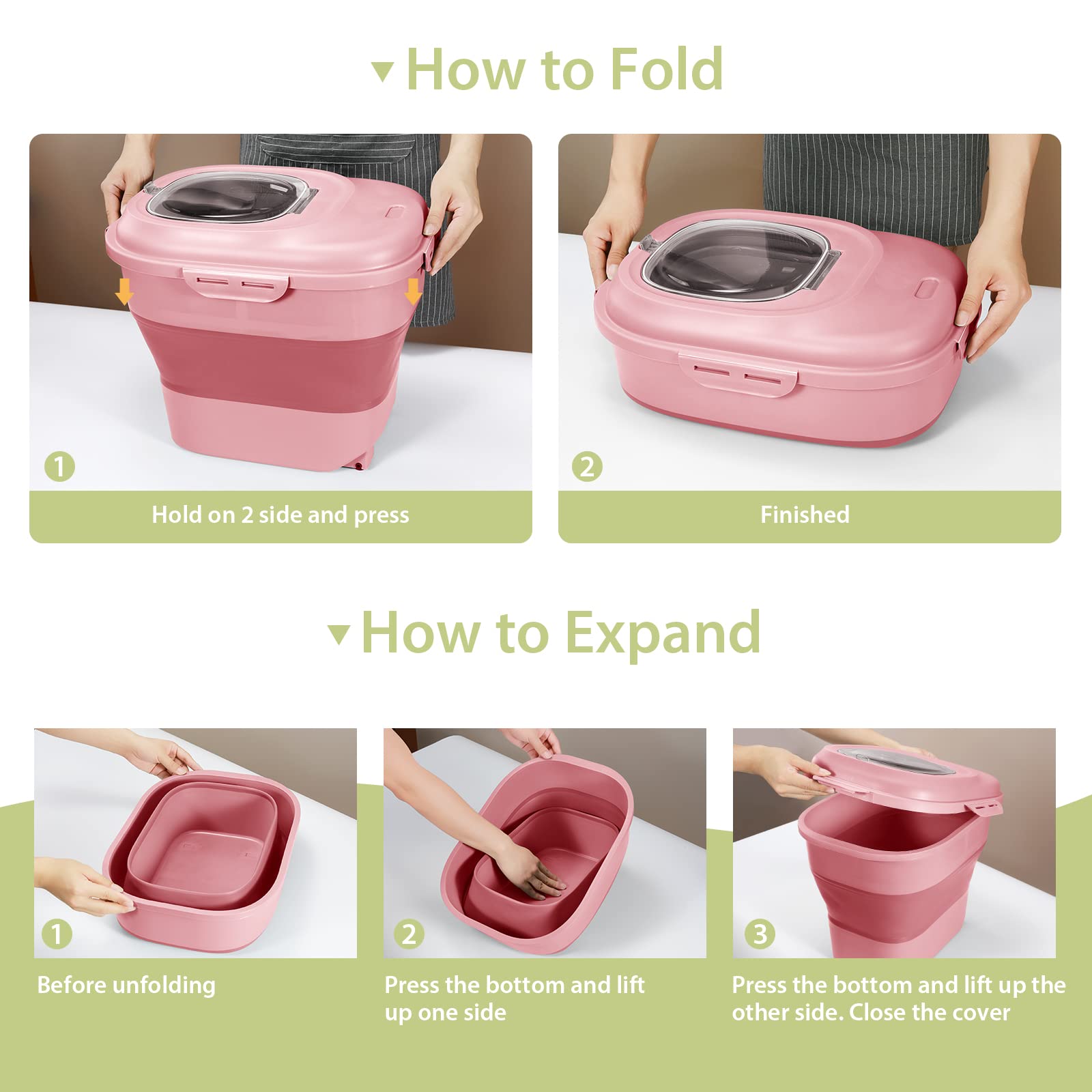 Foldable Airtight Rice Storage Container with Measuring Cup & Wheels - 10L BPA-Free Food Storage for Flour, Sugar, Dry Goods | Kitchen Pantry Organization & Bulk Food Storage (Pink)