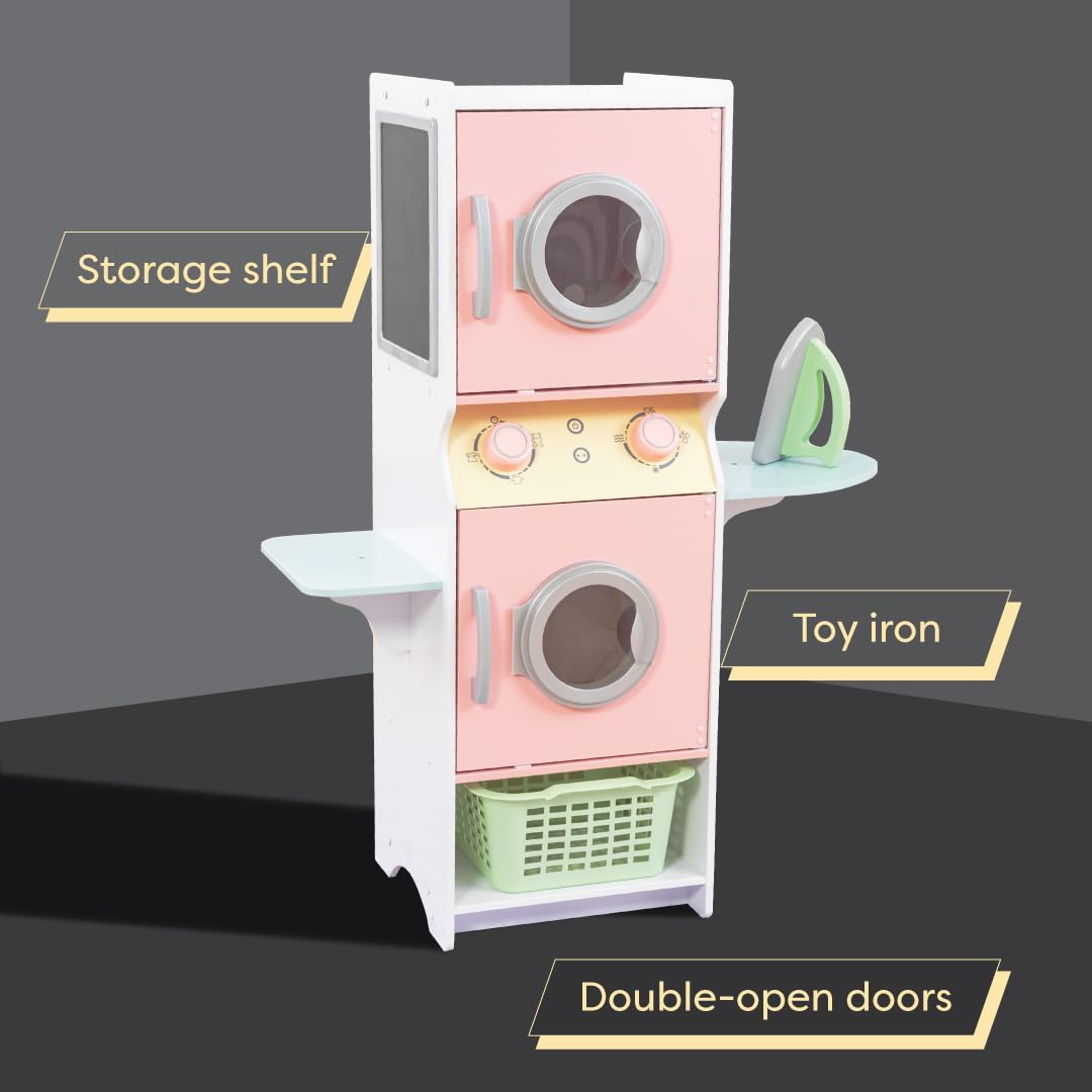 KidKraft Wooden Laundry Playset for Kids - Pretend Play Washer & Dryer Toy with Iron, Basket & Stackable Design - Pastel Color - Educational Gift for Toddlers Ages 3+ - Perfect for Imaginative Play, Role-Playing & Preschool Learning Activities