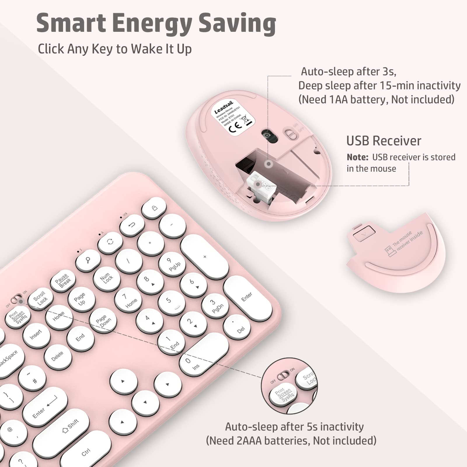 LeadsaiL Wireless Keyboard & Mouse Set with Holder - for Laptop, Tablet & Phone - Pink