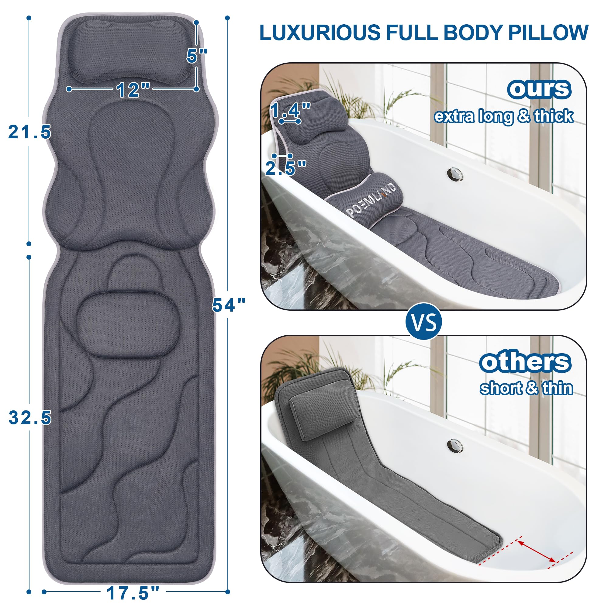 Premium Full Body Bath Pillow for Bathtub - Extra Large Spa Cushion with Lumbar Support, Non-Slip Bathtub Mat for Ultimate Relaxation & Safety - Perfect Spa Gift for Women & Men (Gray) - Ideal for Bubble Baths, Hydrotherapy & Home Spa Days