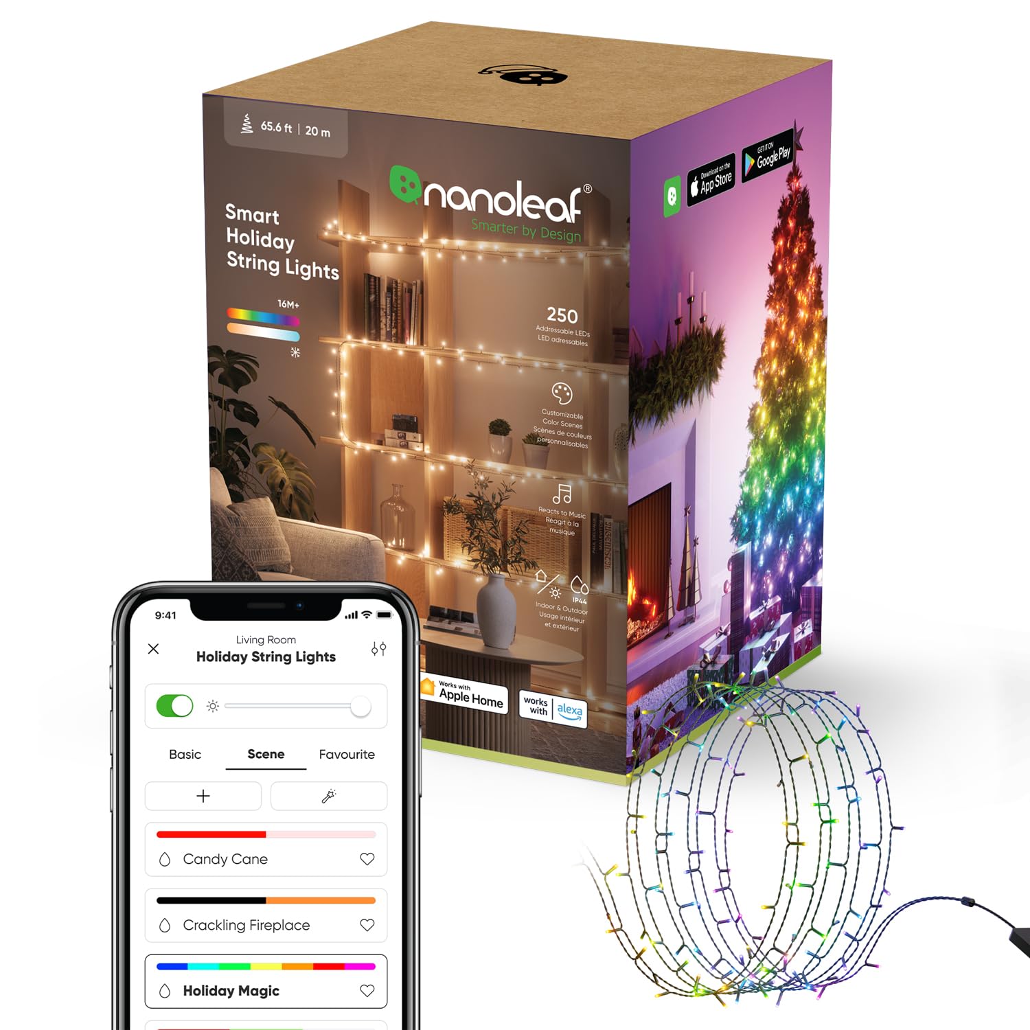 Nanoleaf Essentials Matter 20m (65.6 ft) Smart RGB LED String Lights - 250 Color Changing Addressable Holiday Lights for Christmas Tree, Party & Home Decoration