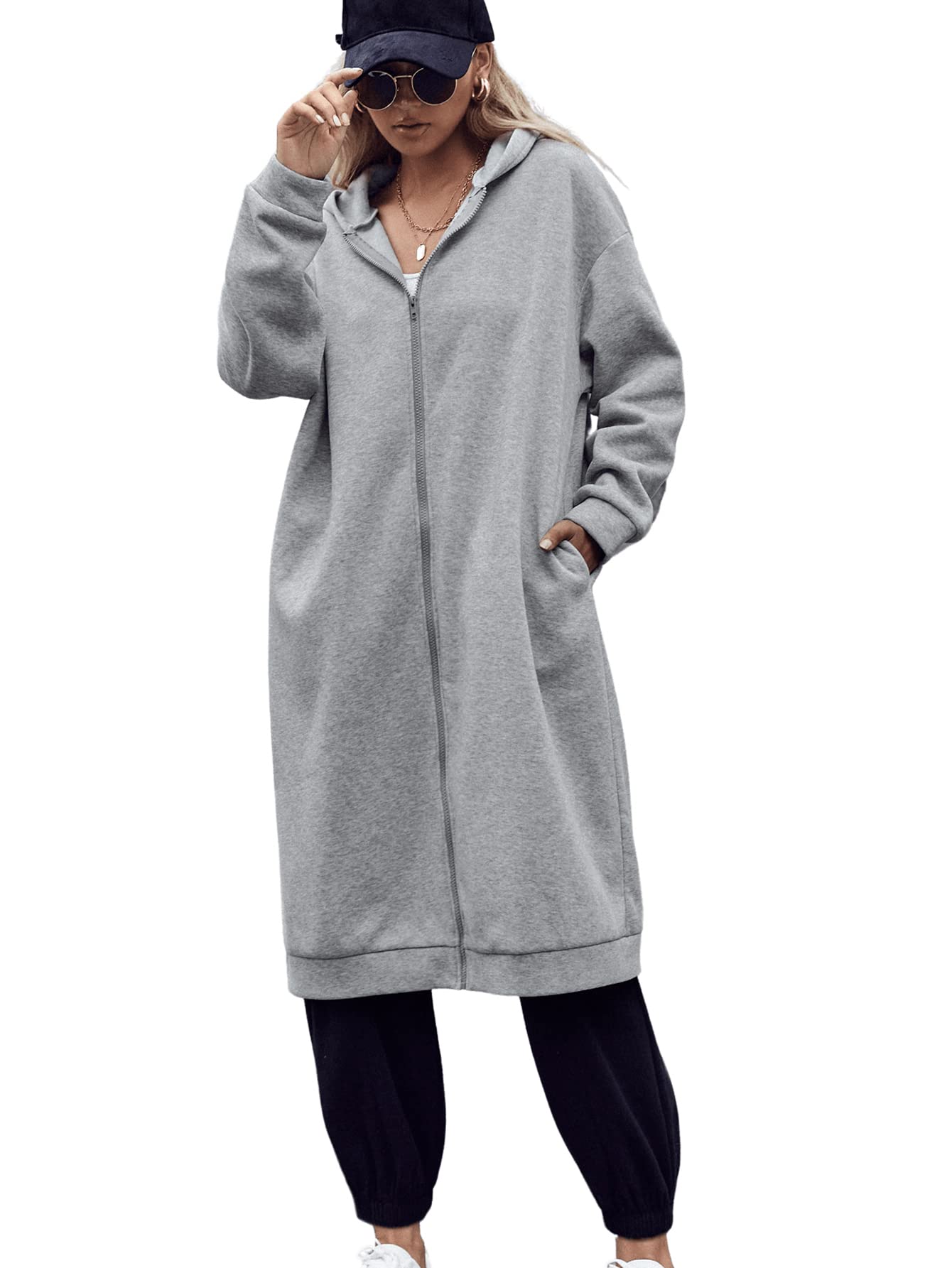 MAKEMECHIC Women's Oversized Zip Up Hoodie with Pockets - Casual Long Hooded Sweatshirt Jacket for Lounge, Streetwear & Outdoor Activities