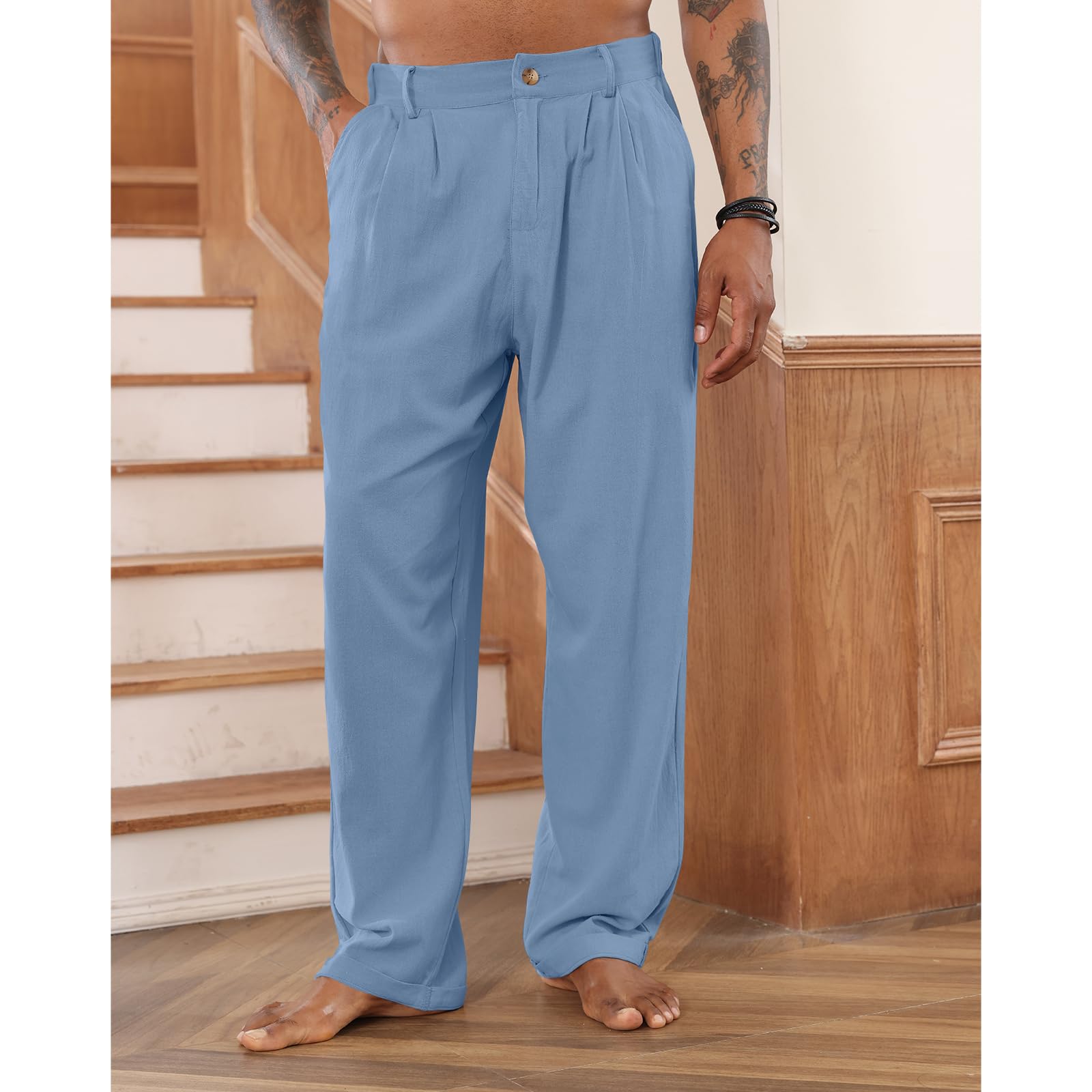 Men's Cotton Linen Pants with Elastic Drawstring Waist - Casual Loose Fit Yoga Beach Pants for Summer, Travel & Lounge Wear